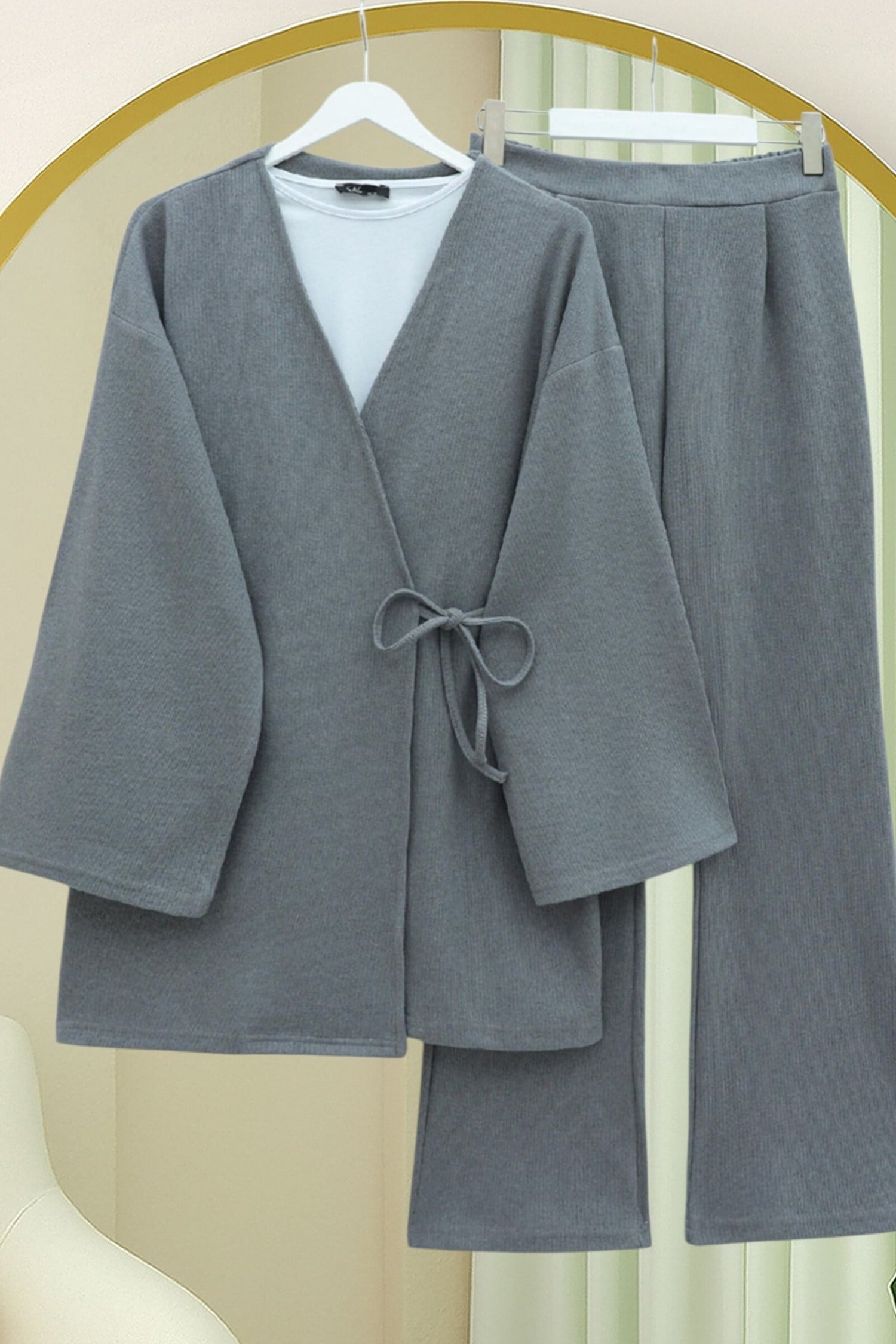 Çapraz Bağlamalı Selanik Kimono Takım -Gri