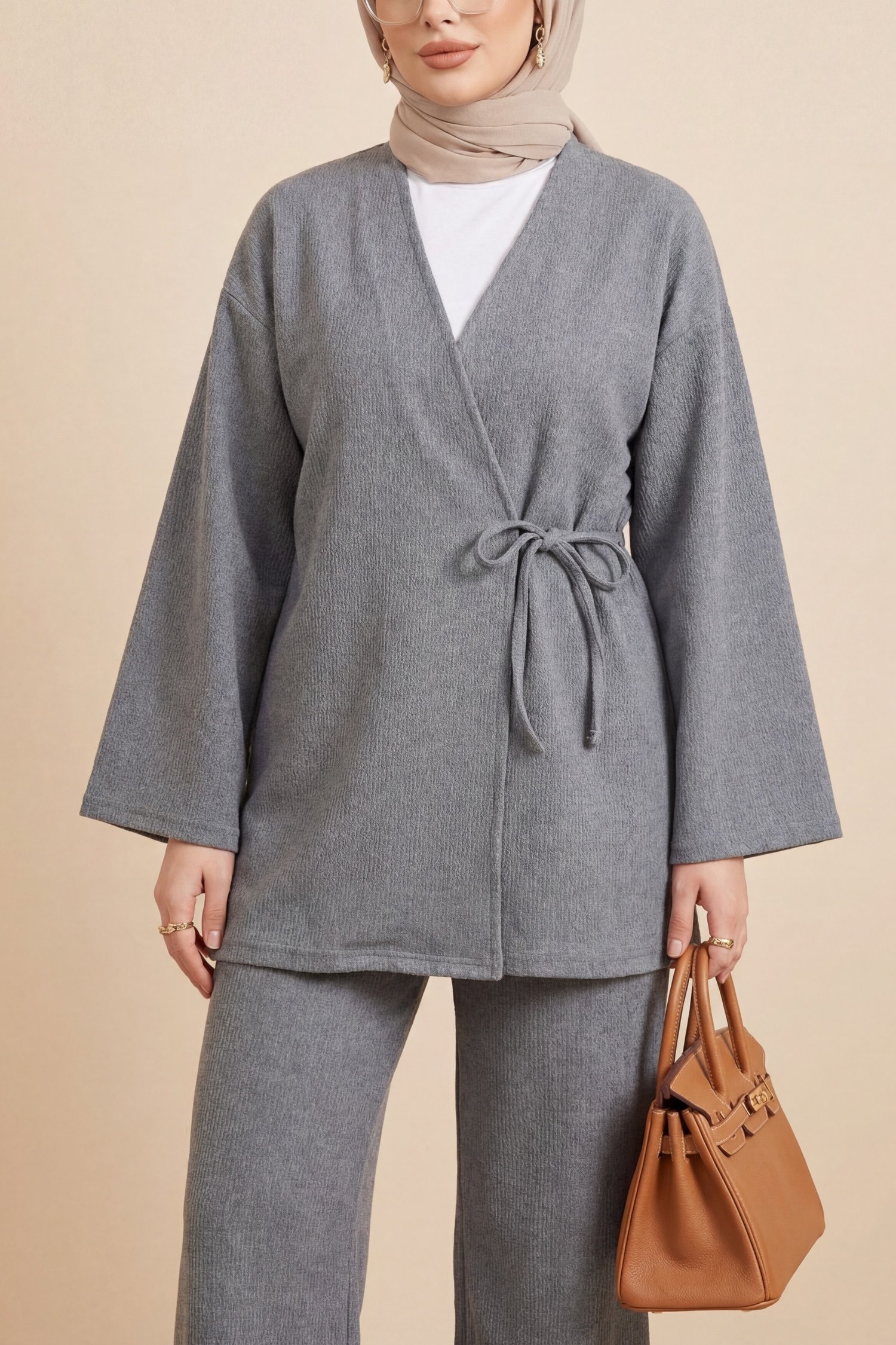 Çapraz Bağlamalı Selanik Kimono Takım -Gri