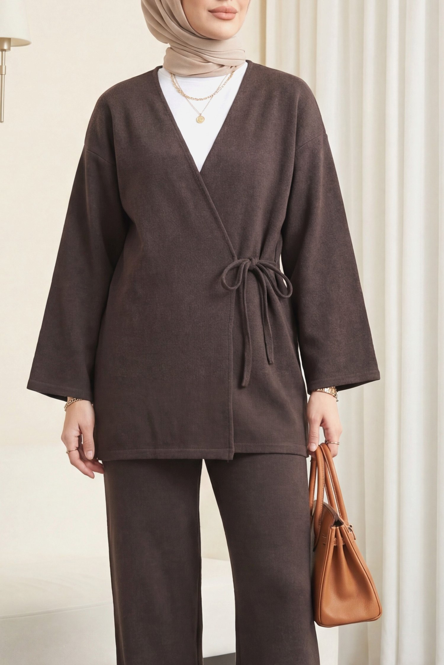 Çapraz Bağlamalı Selanik Kimono Takım -Kahve