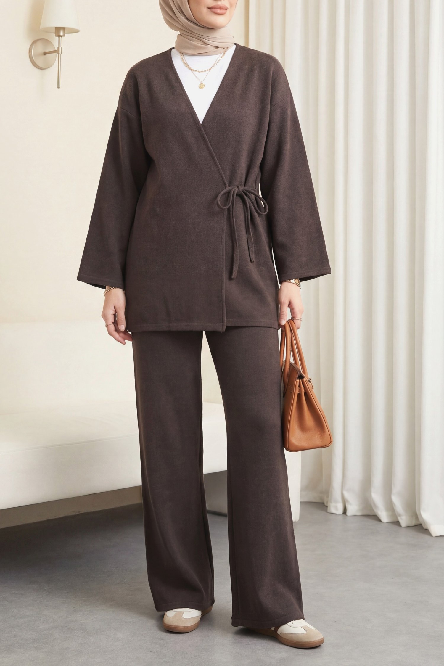 Çapraz Bağlamalı Selanik Kimono Takım -Kahve
