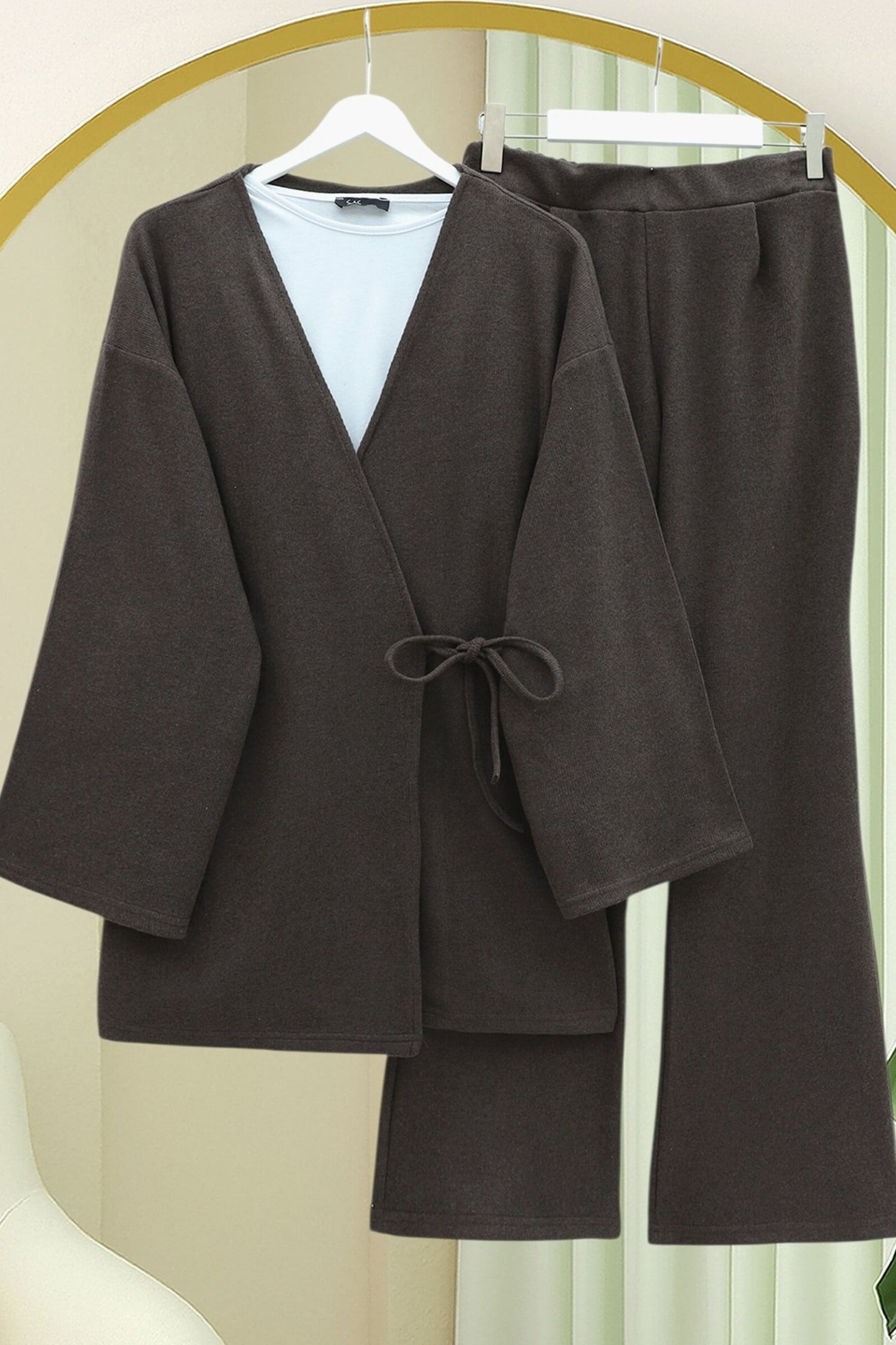 Çapraz Bağlamalı Selanik Kimono Takım -Kahve