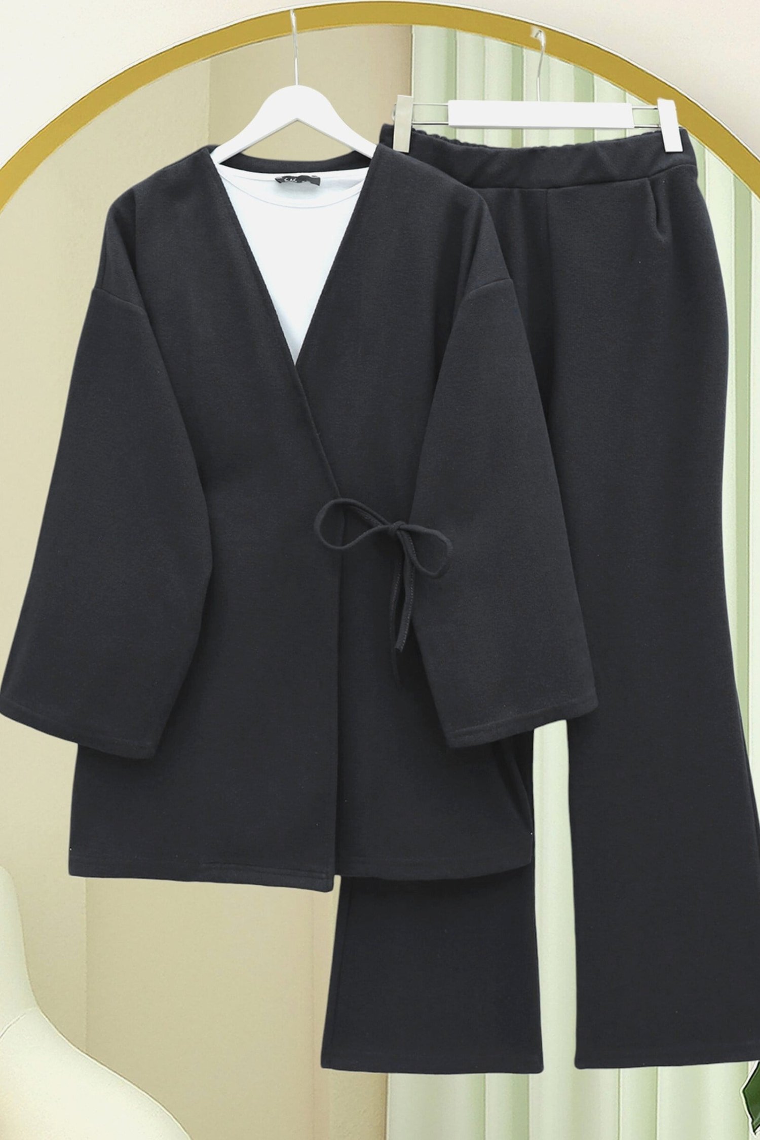Çapraz Bağlamalı Selanik Kimono Takım -Siyah