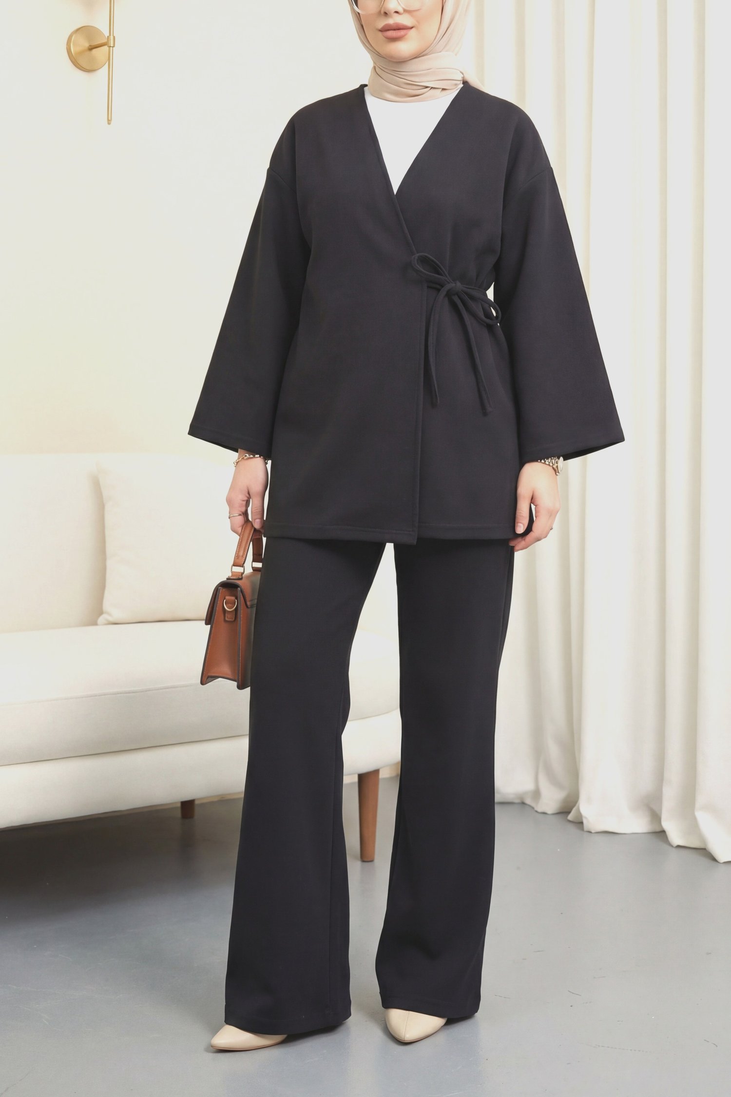 Çapraz Bağlamalı Selanik Kimono Takım -Siyah