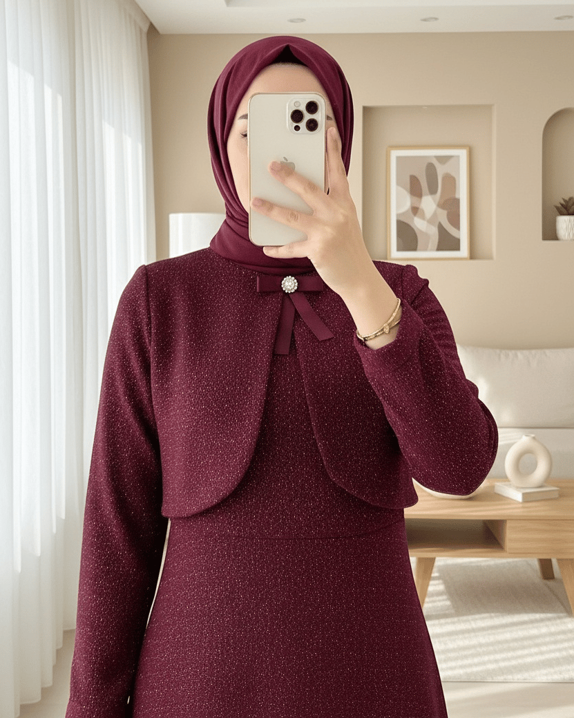 Ceket Detaylı Simli Broşlu Elbise  -Bordo