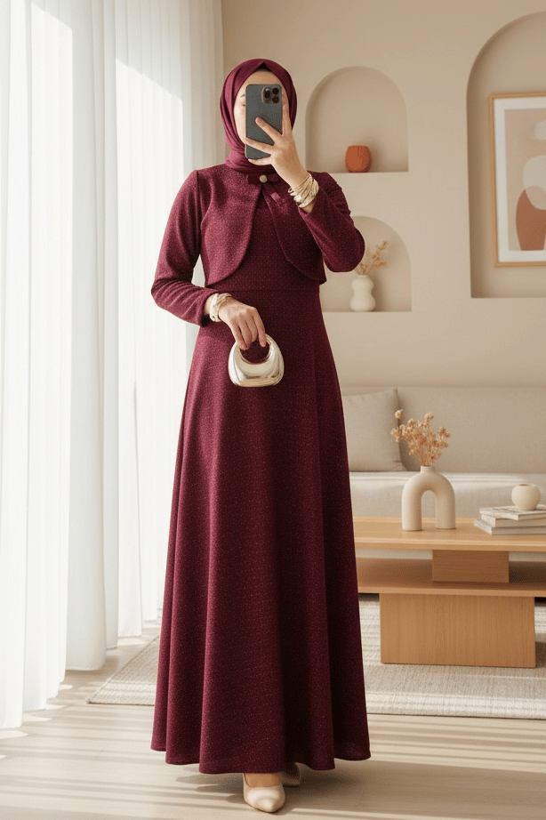 Ceket Detaylı Simli Broşlu Elbise  -Bordo