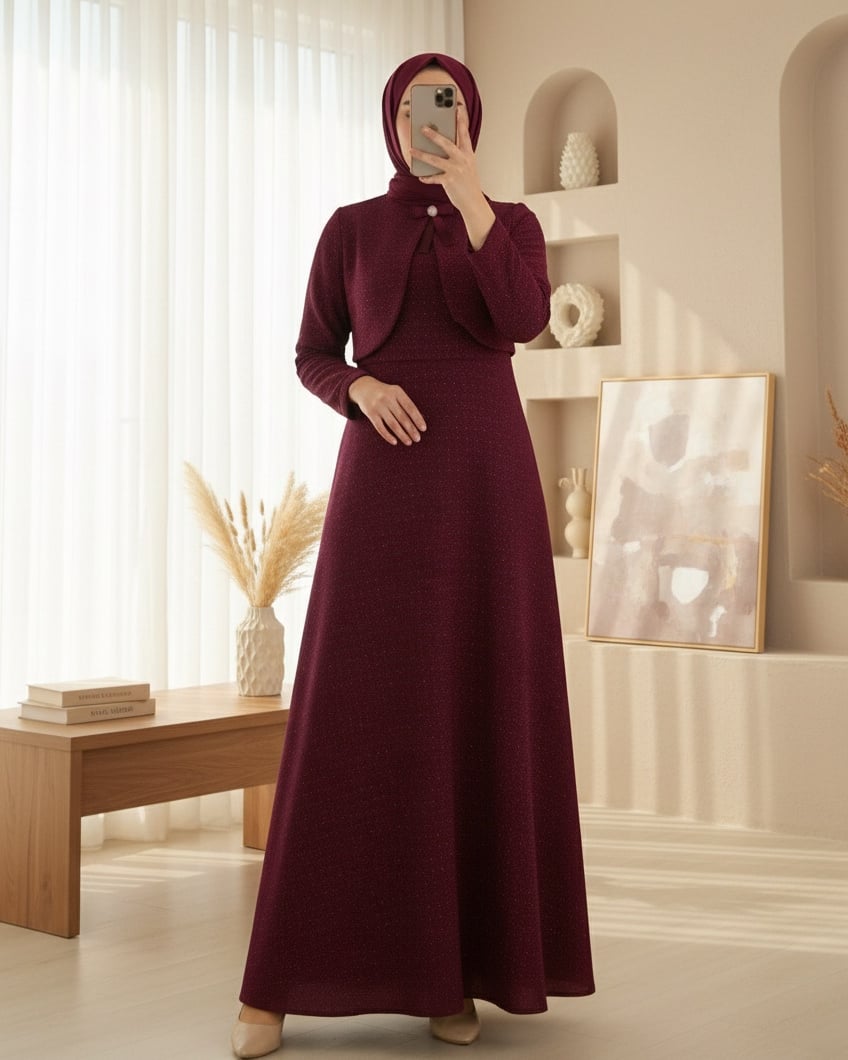 Ceket Detaylı Simli Broşlu Elbise  -Bordo