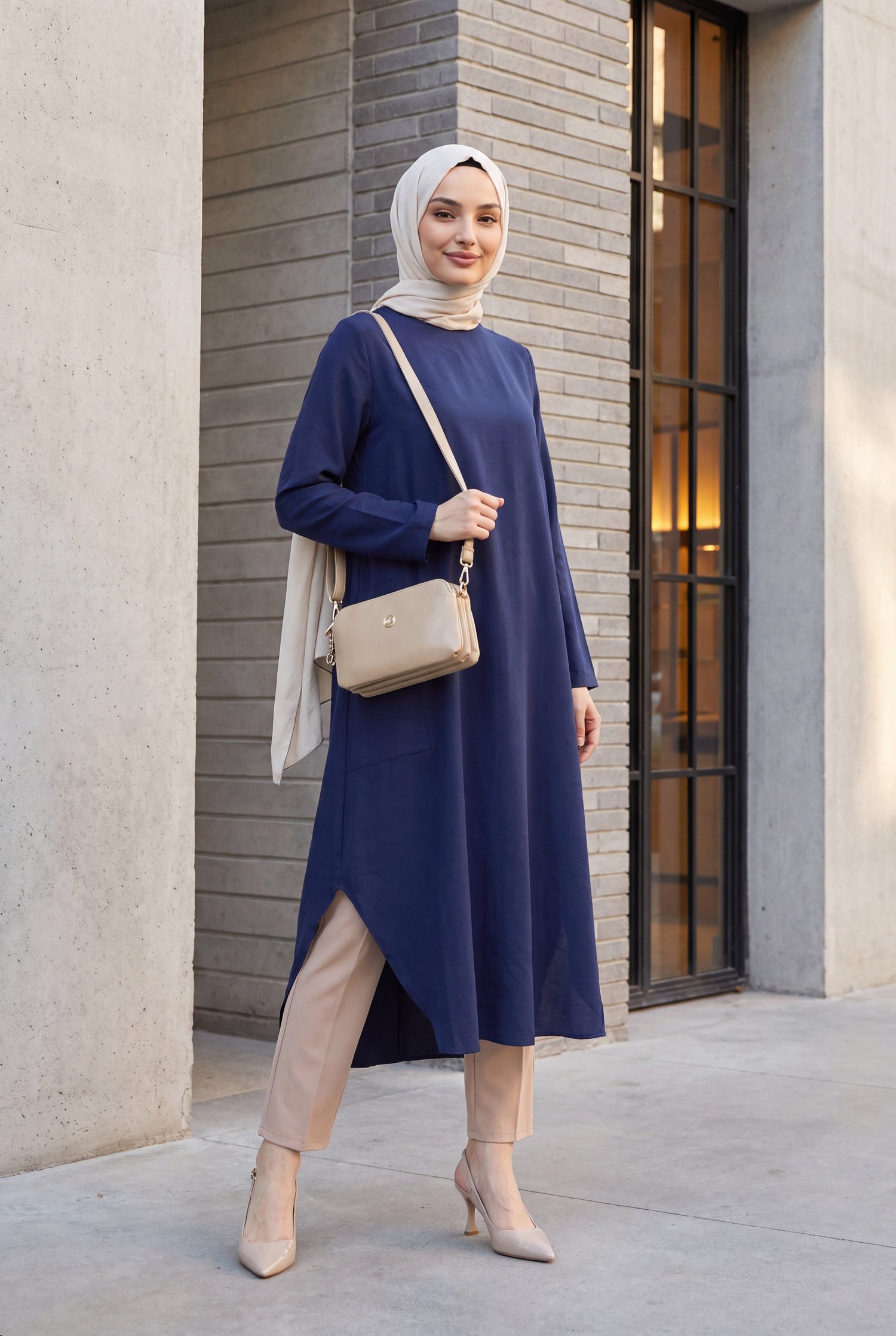 Cepli Yanları Yırtmaçlı Uzun Rayon Tunik  -Lacivert