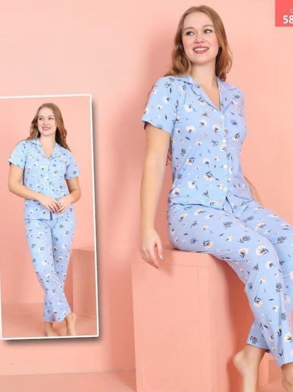 Çiçek Desenli Düğmeli Milan Pijama Takımı -Mavi