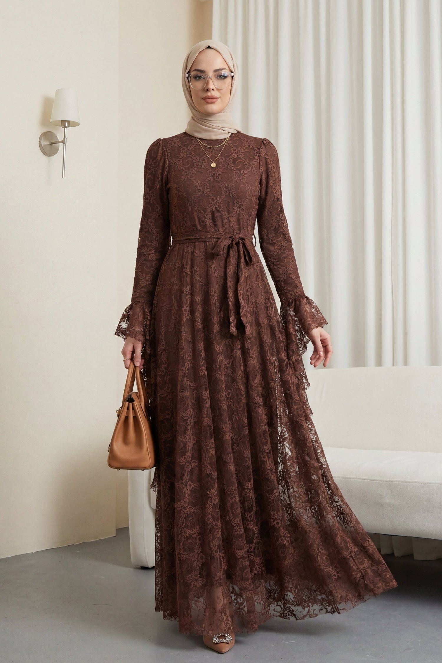 Çiçek Desenli Güpür Dantelli Kolu Volanlı Kemerli Astarlı Elbise -Kahverengi