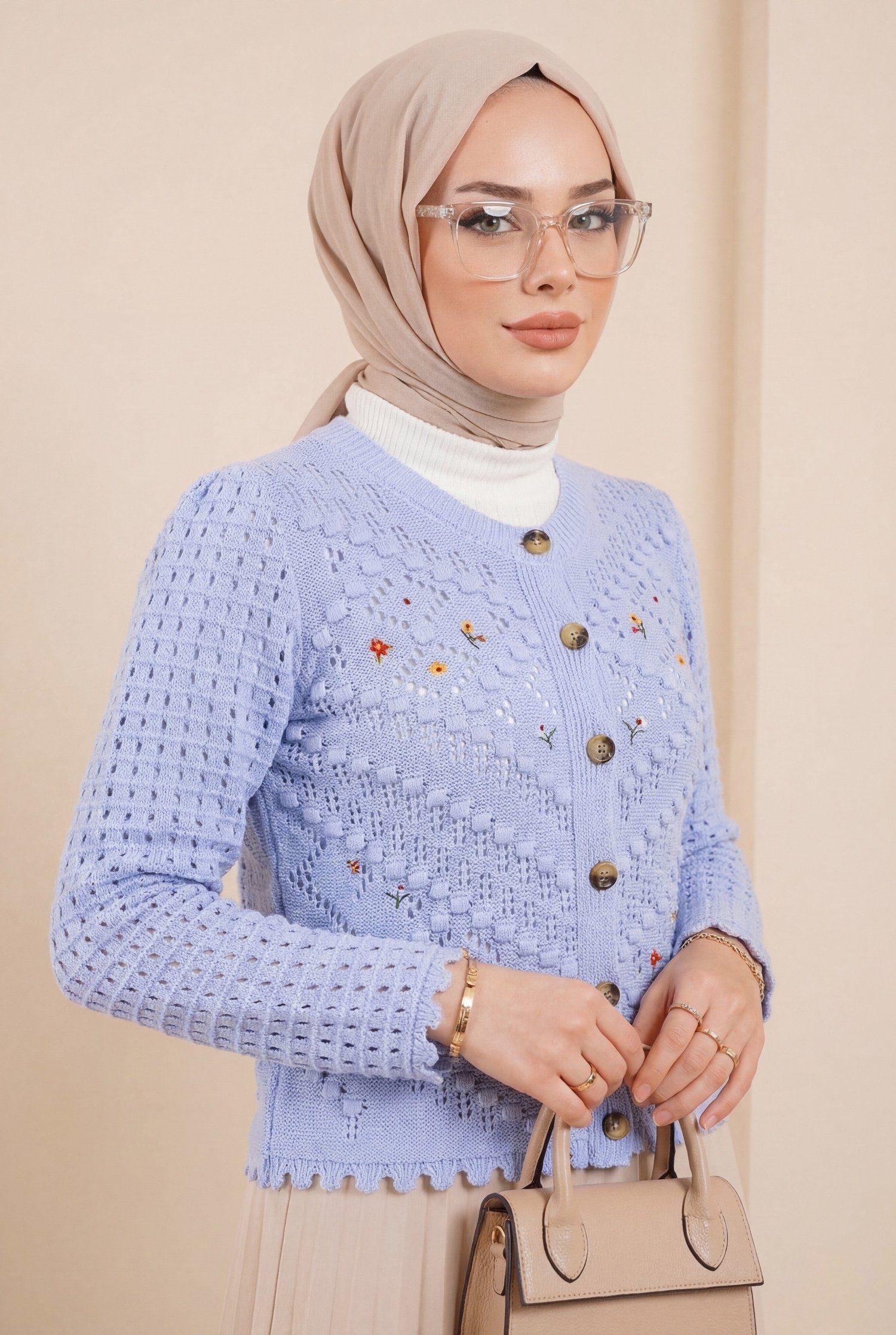 Çiçek Nakışlı Ponponlu Ajurlu Triko Hırka    -Bebe Mavi
