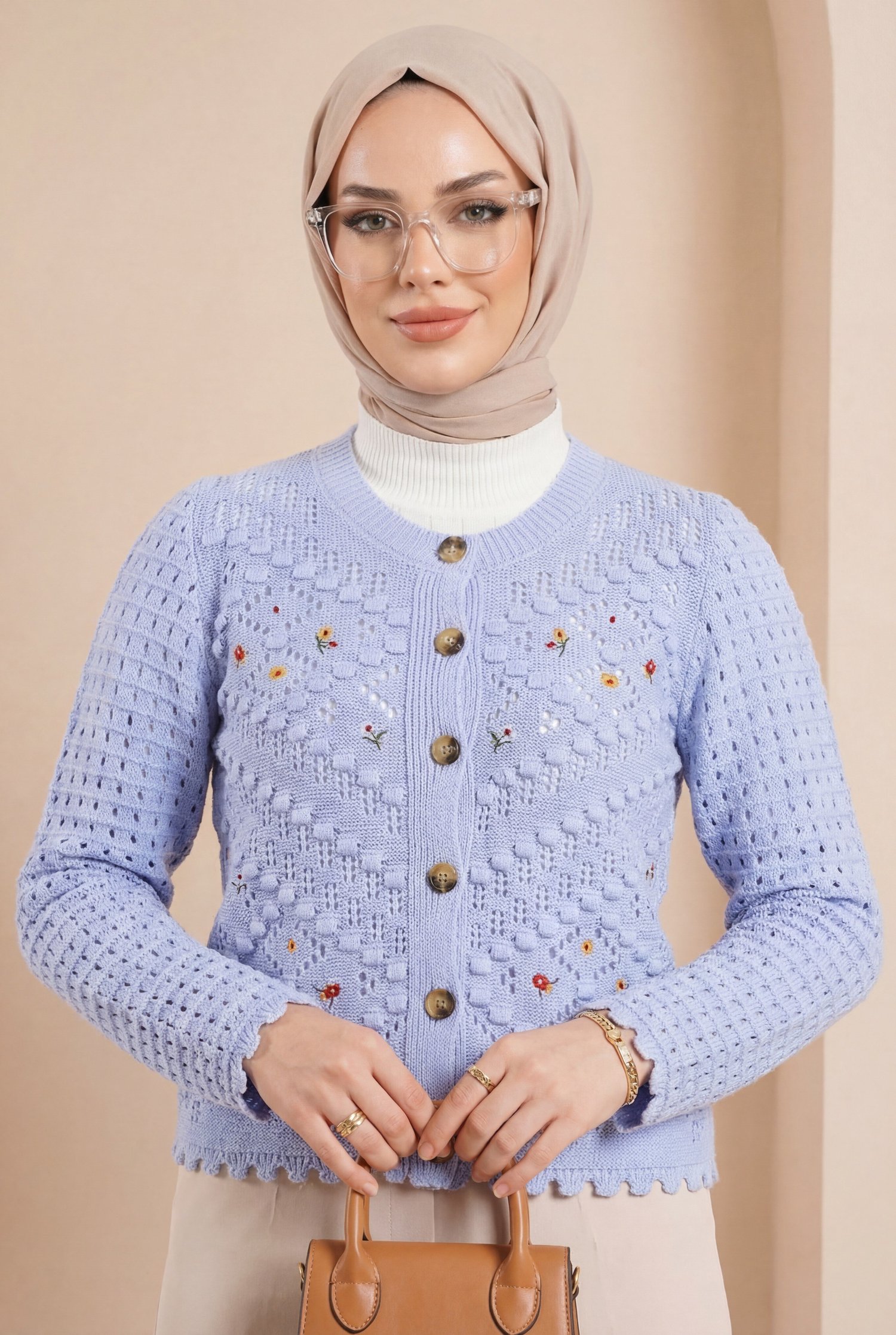 Çiçek Nakışlı Ponponlu Ajurlu Triko Hırka    -Bebe Mavi