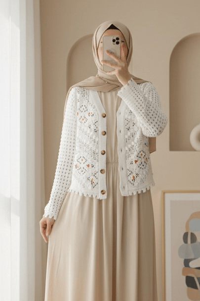 Çiçek Nakışlı Ponponlu Ajurlu Triko Hırka  -Ekru