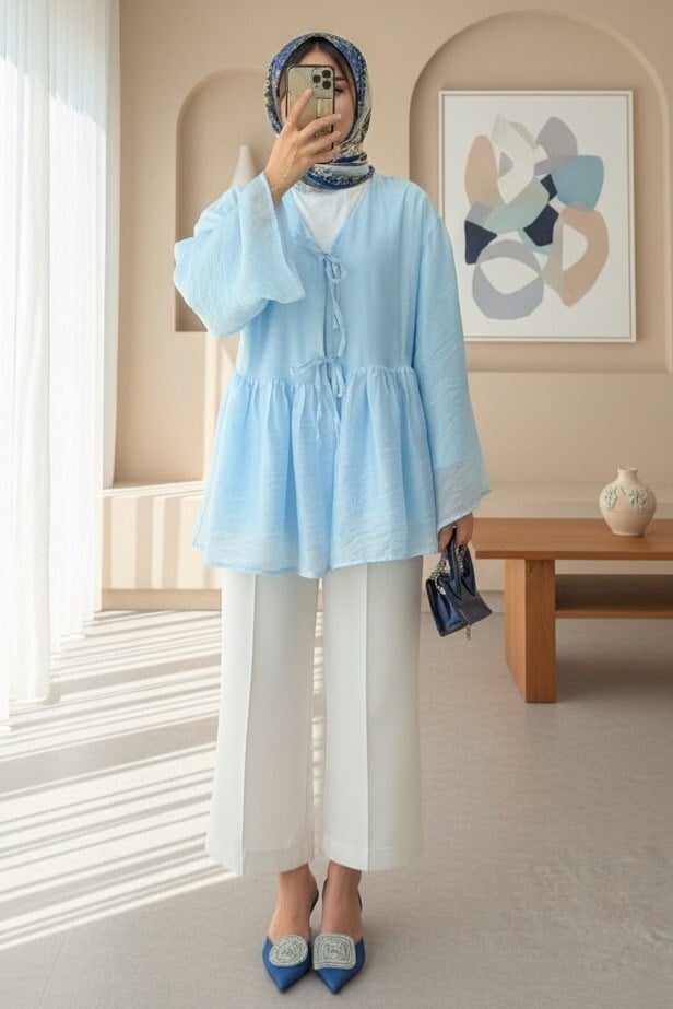 Çift Bağlamalı İçi Astarlı Modal Kimono -Bebe Mavi