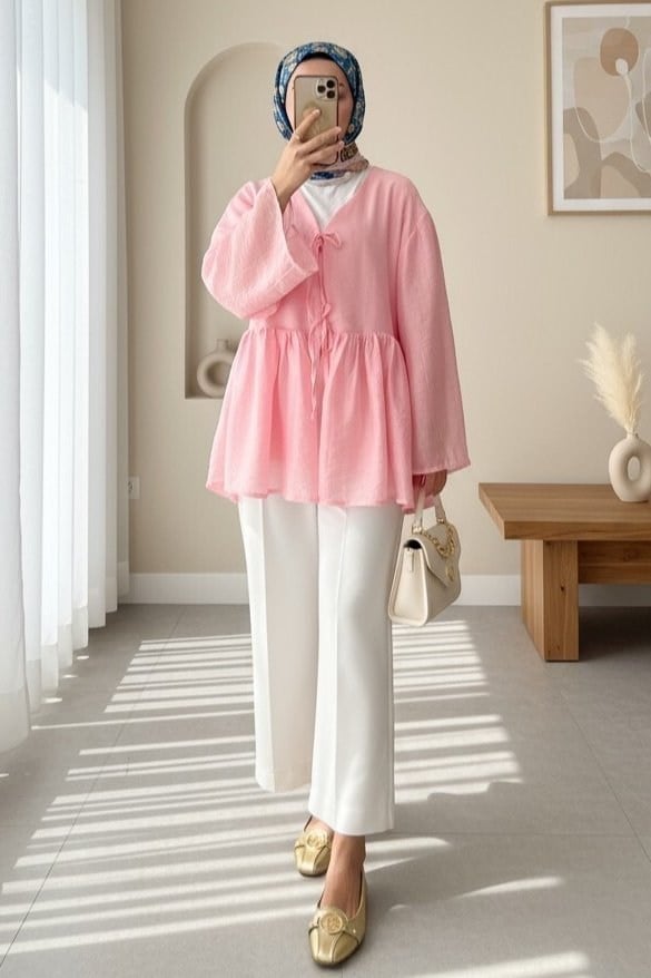 Çift Bağlamalı İçi Astarlı Modal Kimono -Pembe