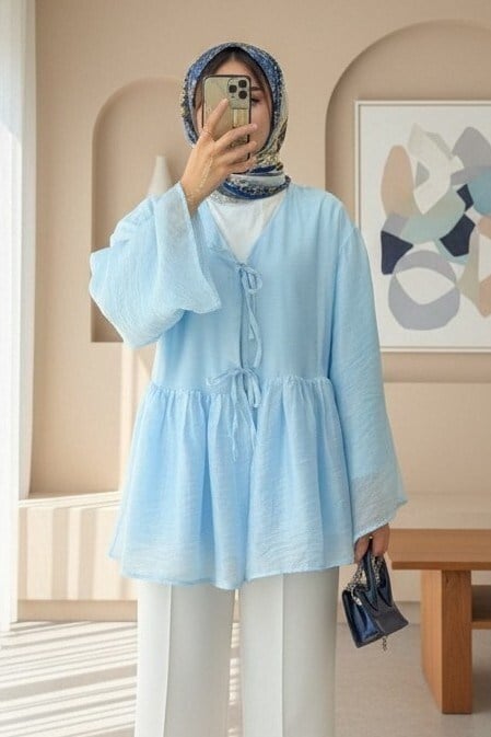 Çift Bağlamalı İçi Astarlı Modal Kimono -Bebe Mavi