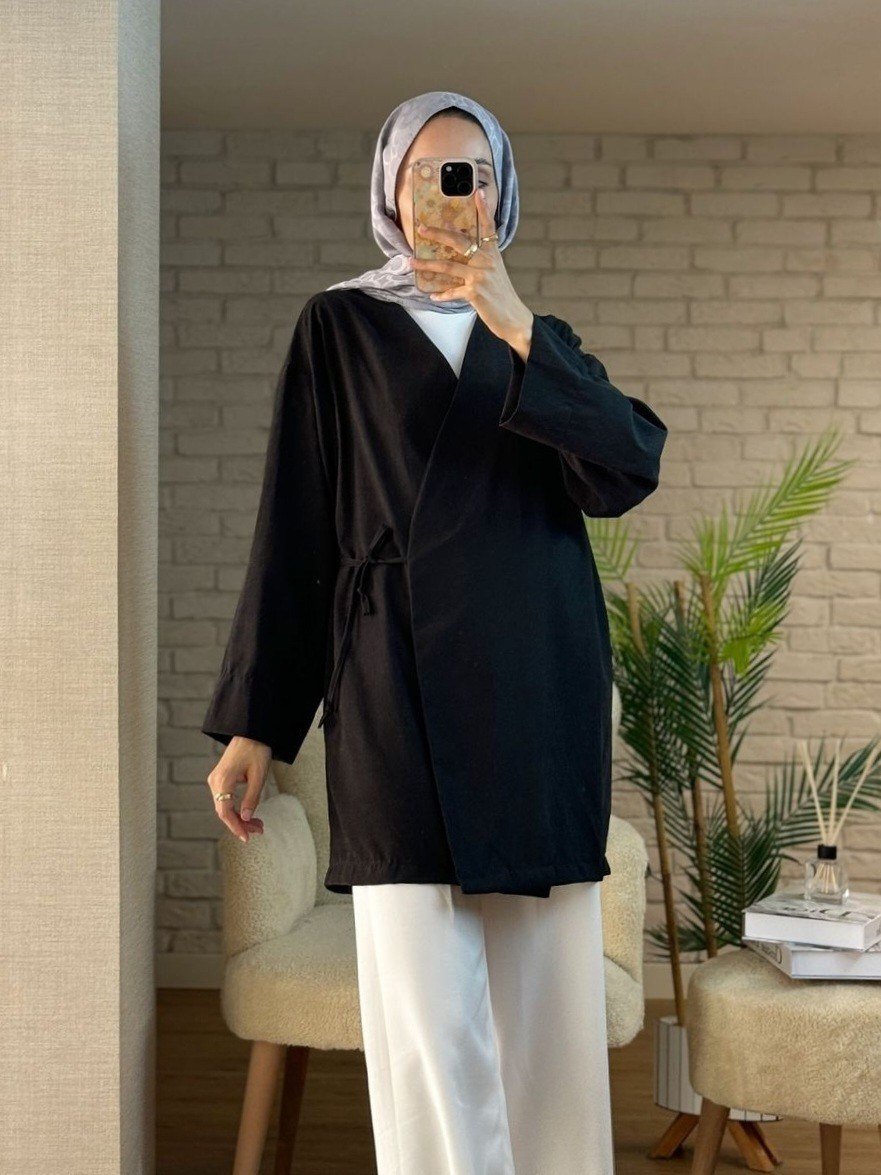 Çift Bağlamalı V Yaka Kimono -Siyah
