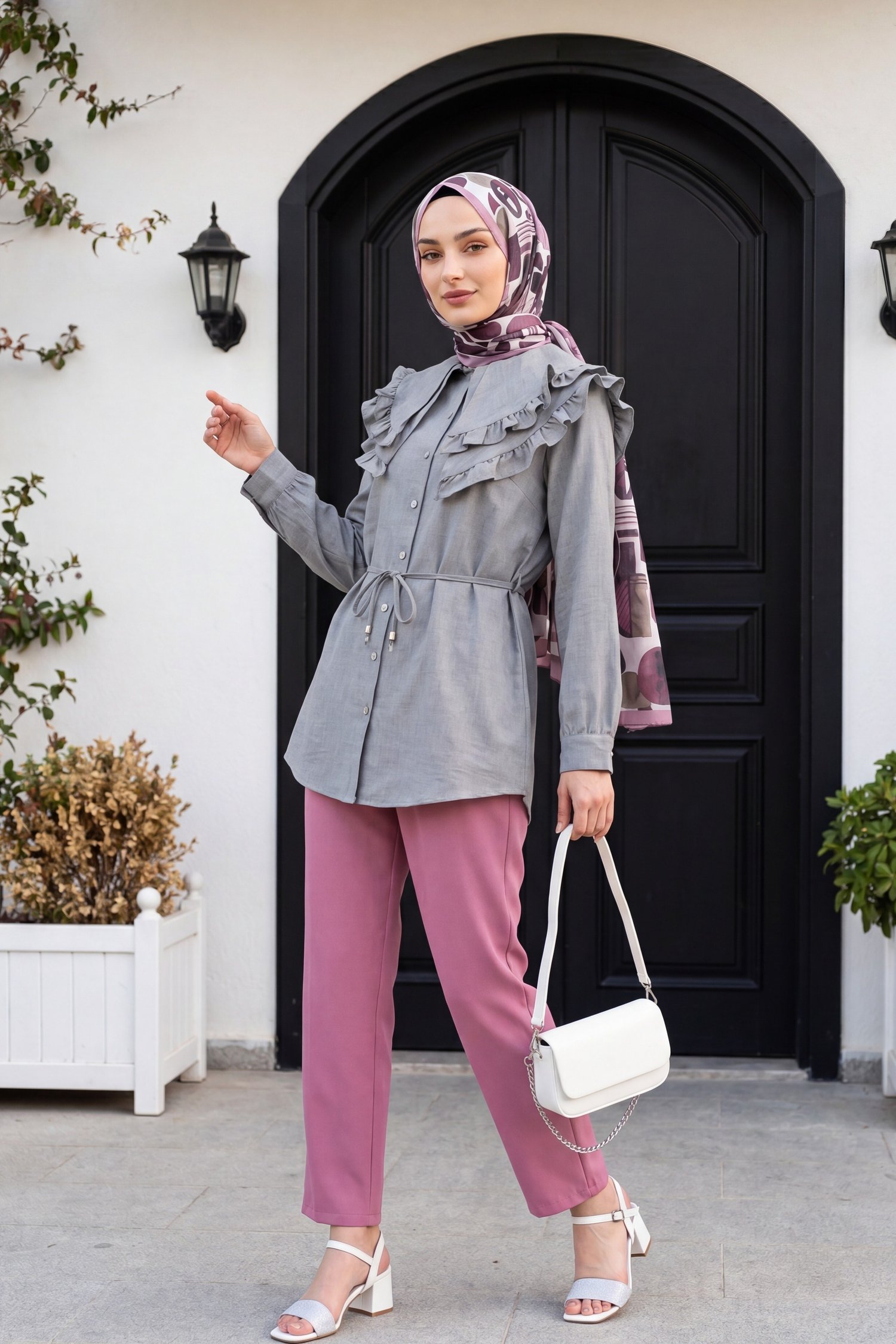 Çift Cepli Beli Lastikli Bağcık Detaylı Pantolon  -Pembe