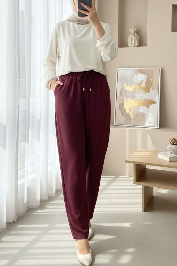 Çift Cepli Beli Lastikli Bağcık Detaylı Pantolon  -Bordo