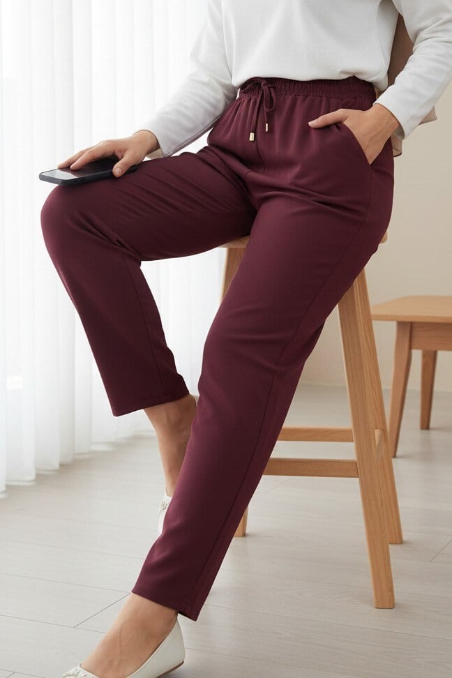 Çift Cepli Beli Lastikli Bağcık Detaylı Pantolon  -Bordo
