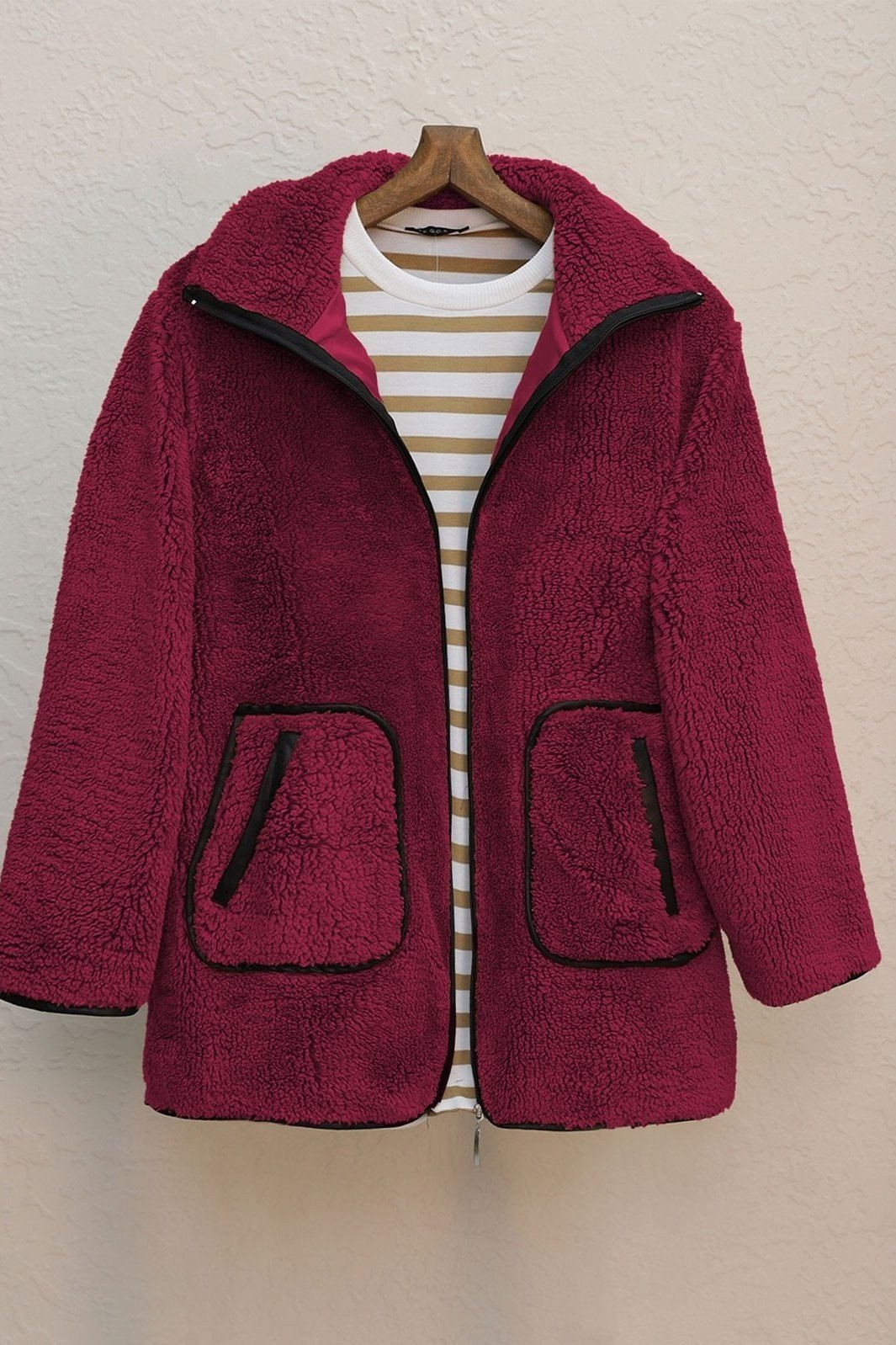 Çift Cepli Fermuarlı Astarlı Peluş Mont  -Bordo