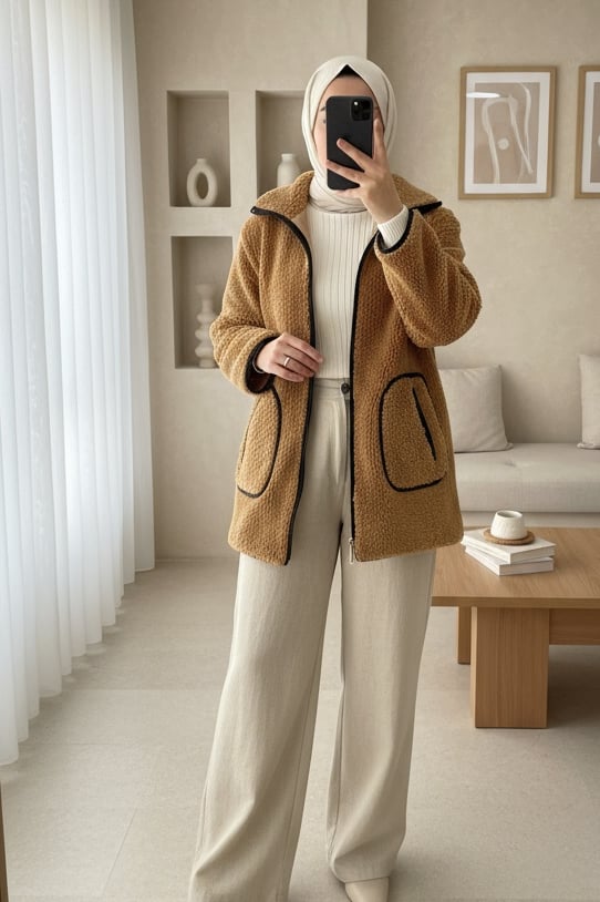 Çift Cepli Fermuarlı Astarlı Peluş Mont  -Tarçın