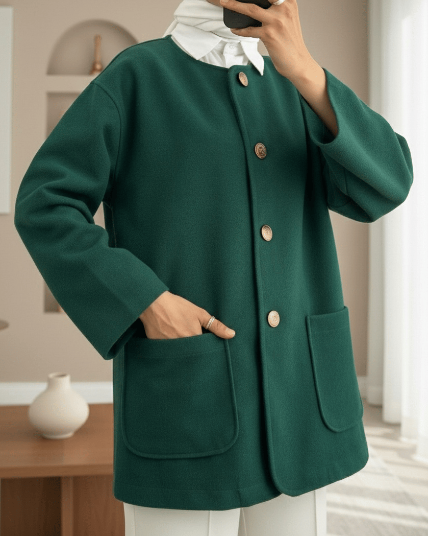 Çift Cepli Önü Düğmeli Kaşe Ceket -Zümrüt