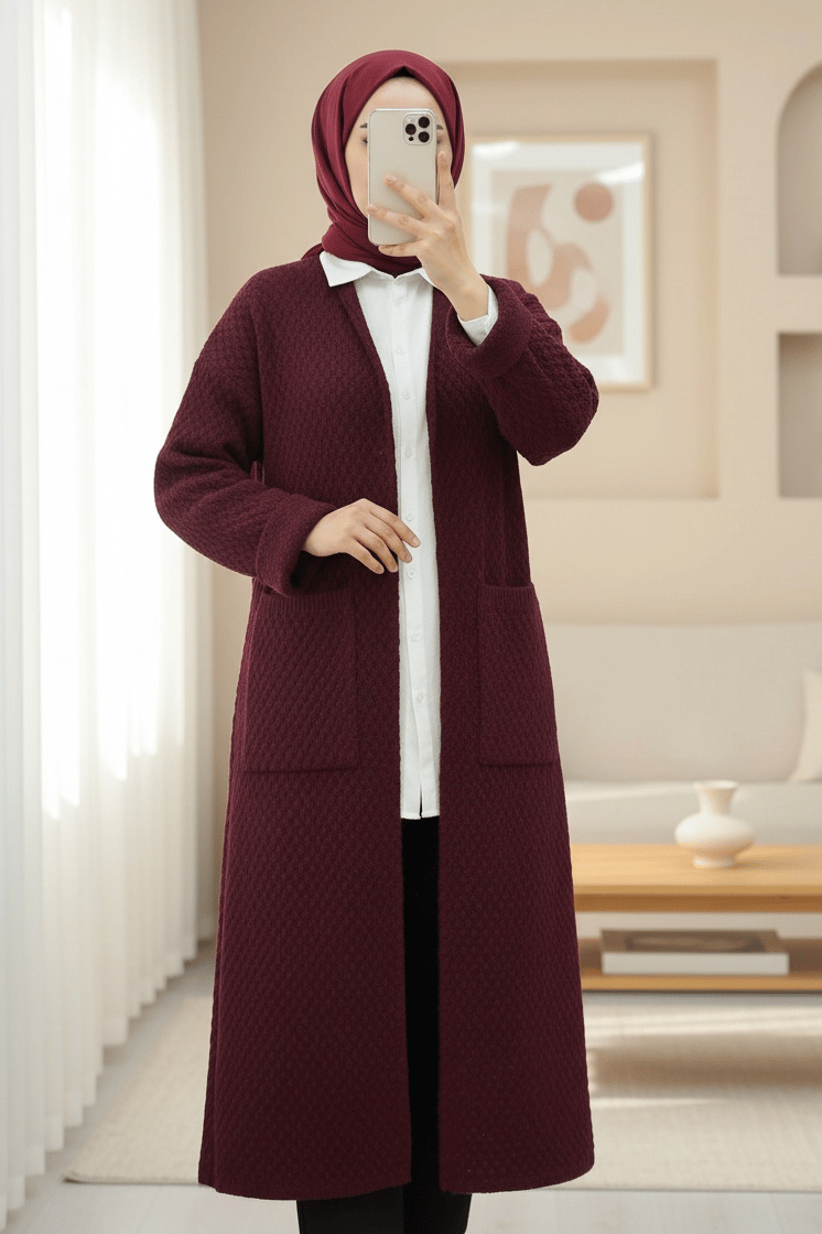 Çift Cepli Uzun Triko Hırka -Bordo