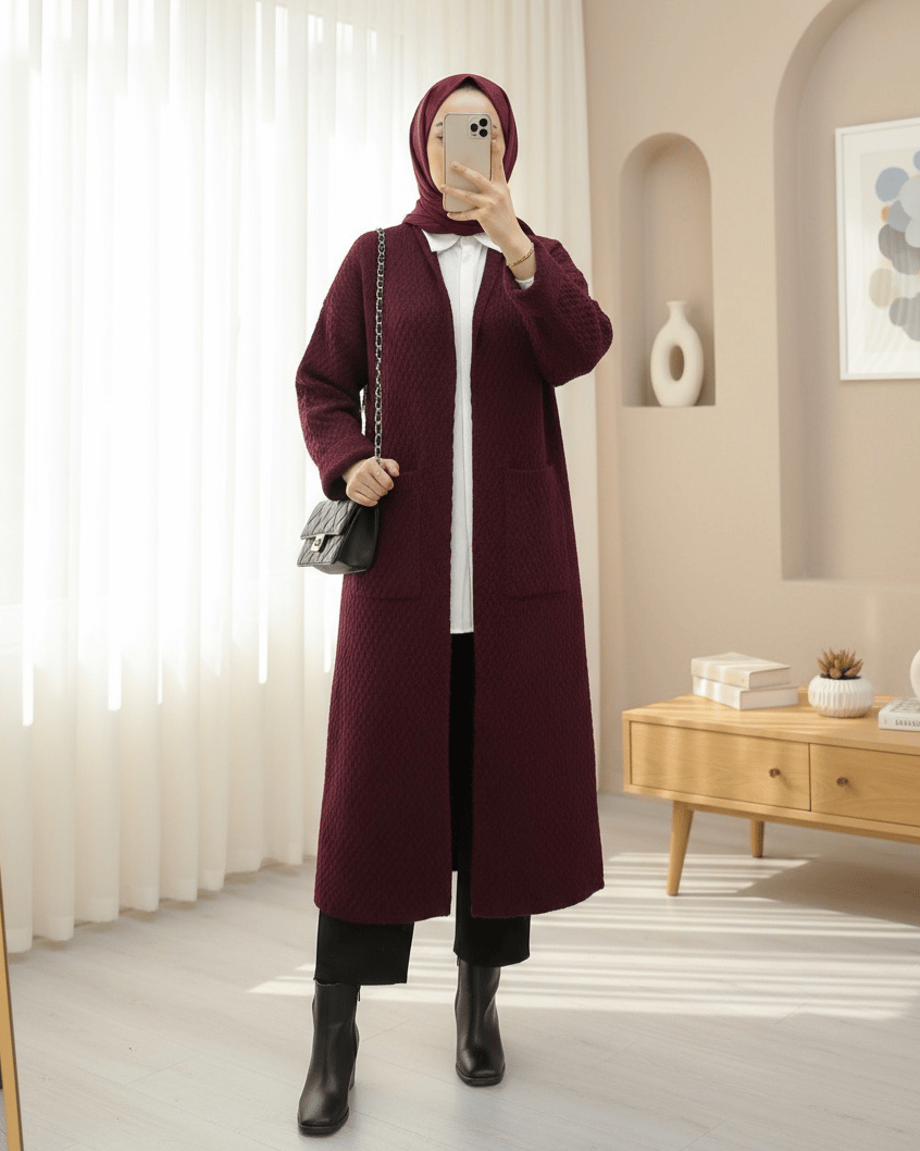 Çift Cepli Uzun Triko Hırka -Bordo