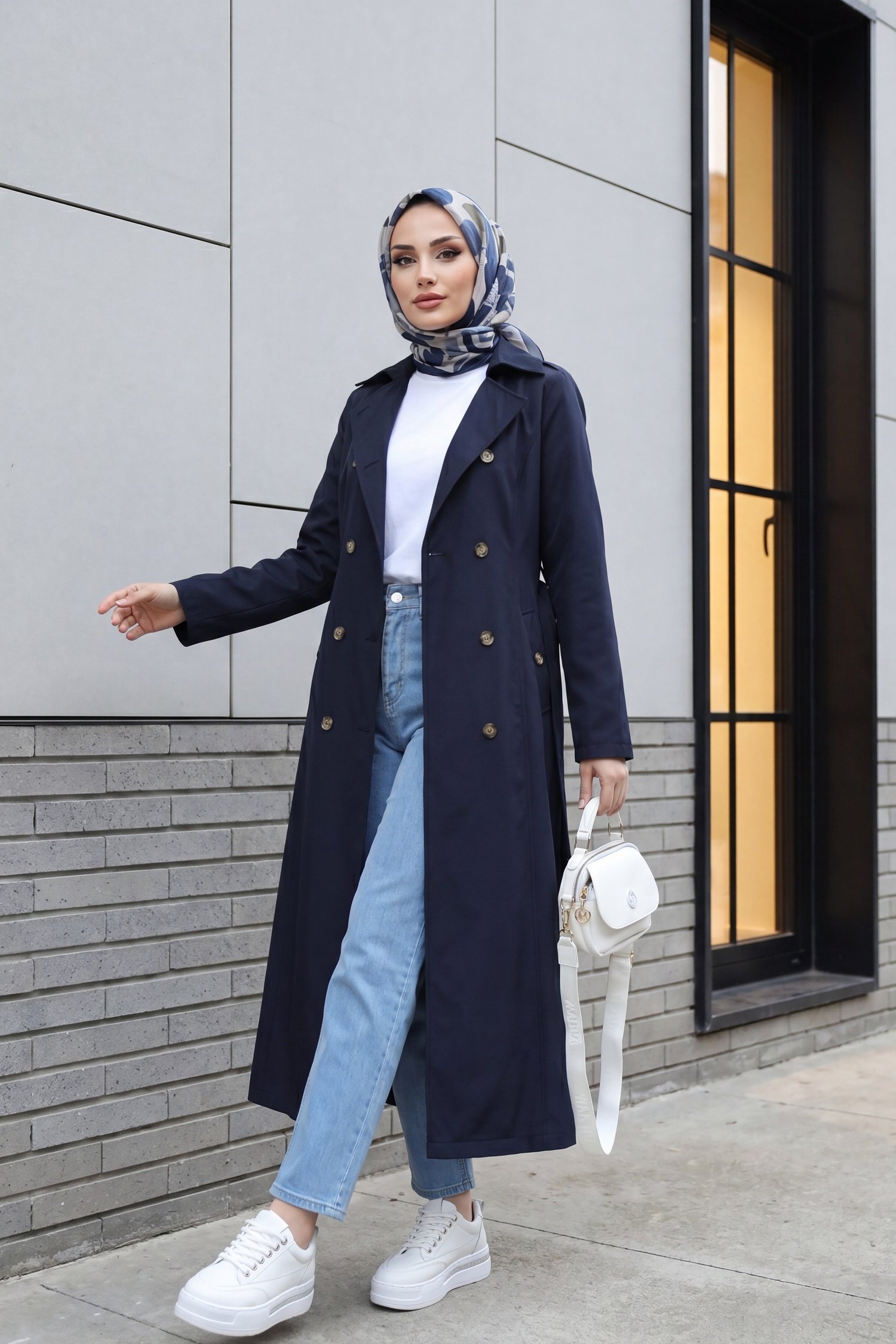 Çift Düğmeli Kemerli Trençkot -Lacivert