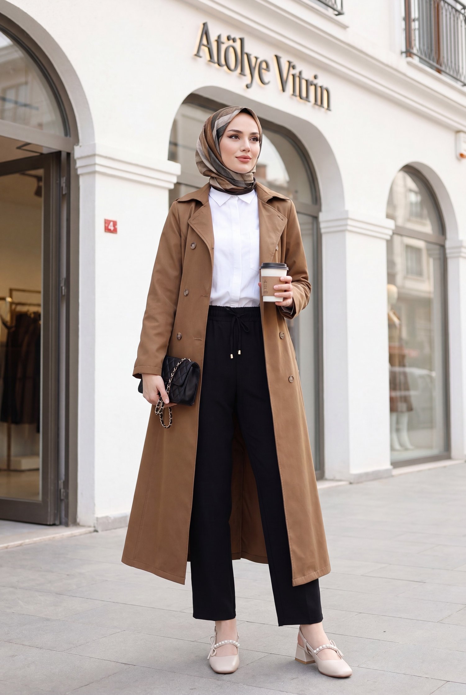 Çift Düğmeli Kemerli Trençkot -Taba
