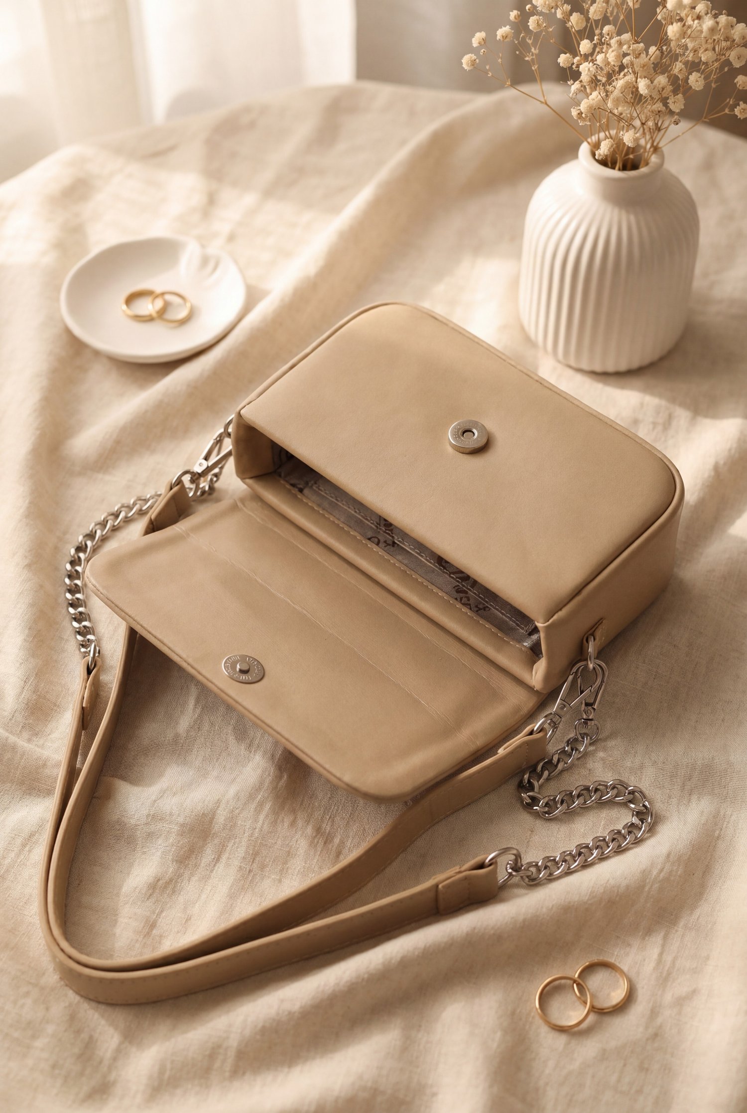 Çıkarılabilir Çift Askılı Mıknatıs Kapaklı Kutu Çanta -Vizon