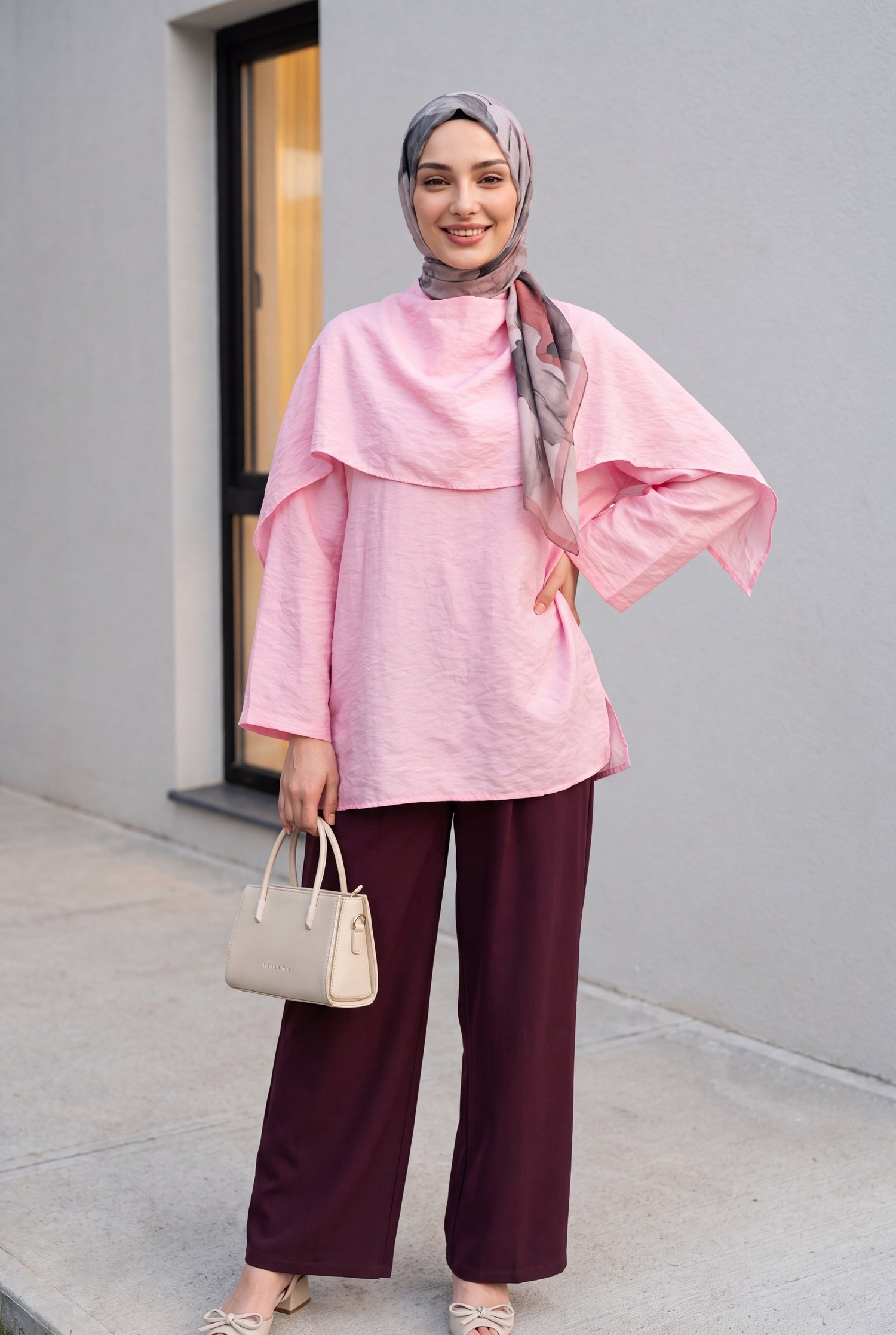 Çıkarılabilir Pelerinli Oversize Modal Tunik  -Pembe