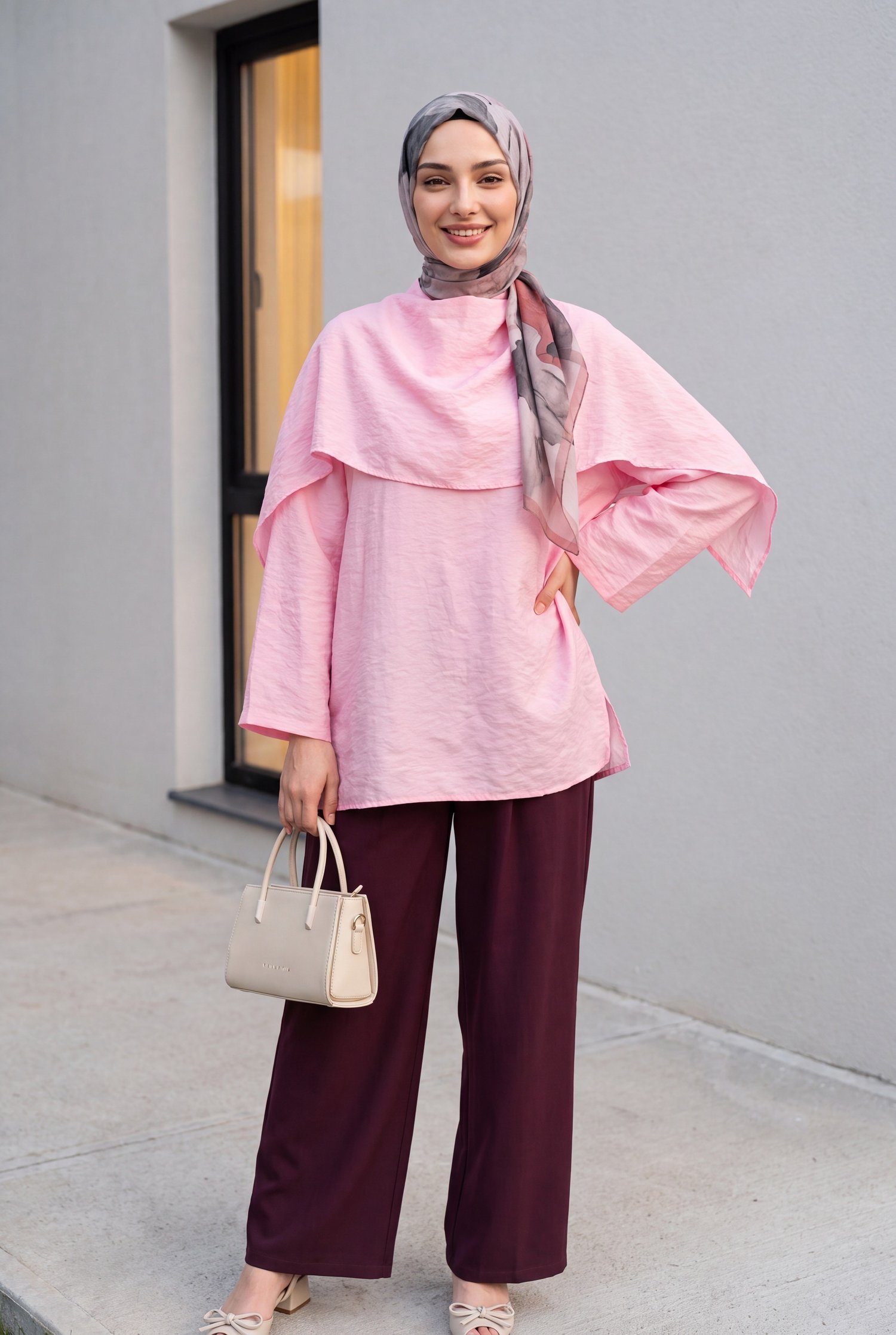Çıkarılabilir Pelerinli Oversize Modal Tunik  -Pembe