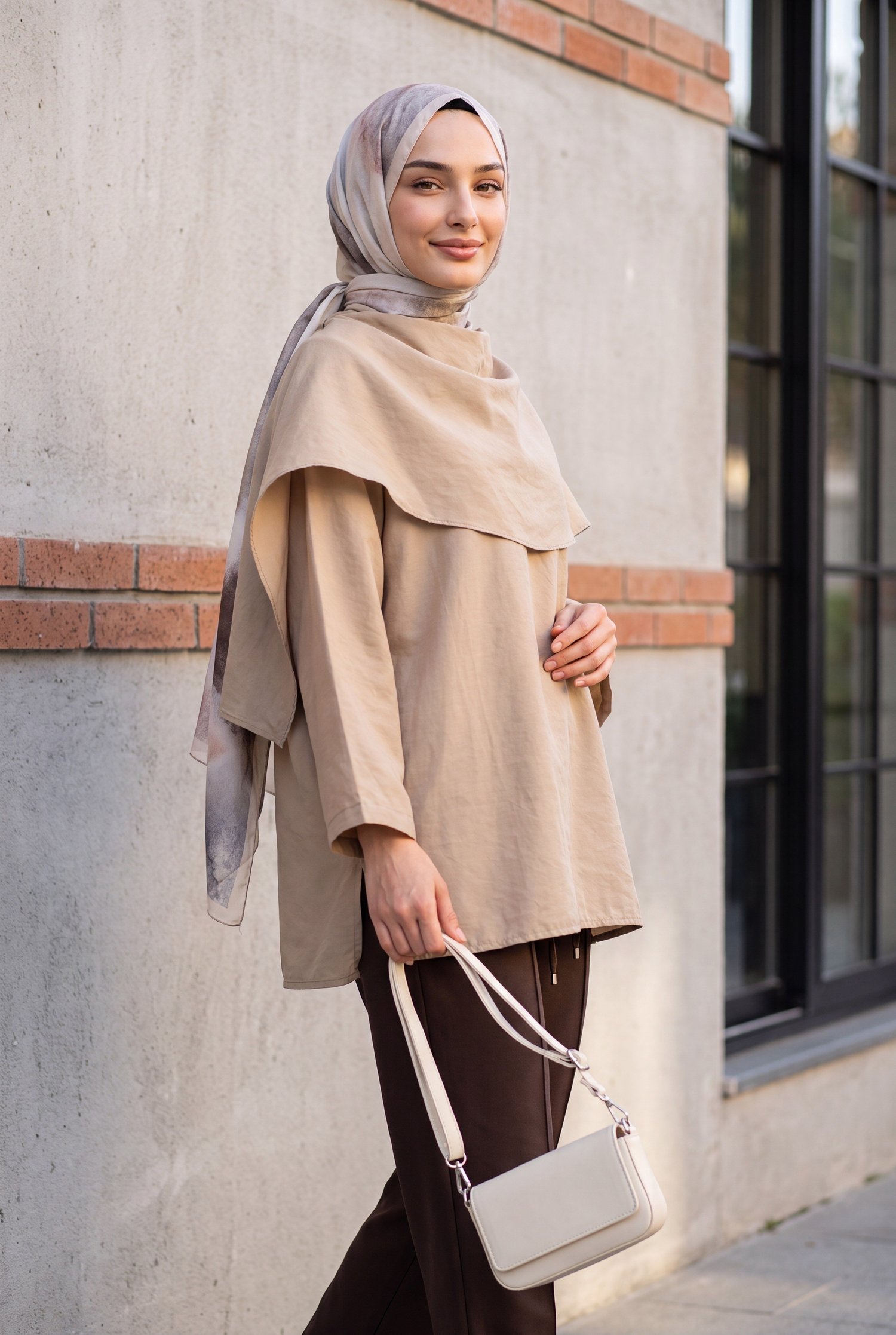 Çıkarılabilir Pelerinli Oversize Modal Tunik  -Vizon