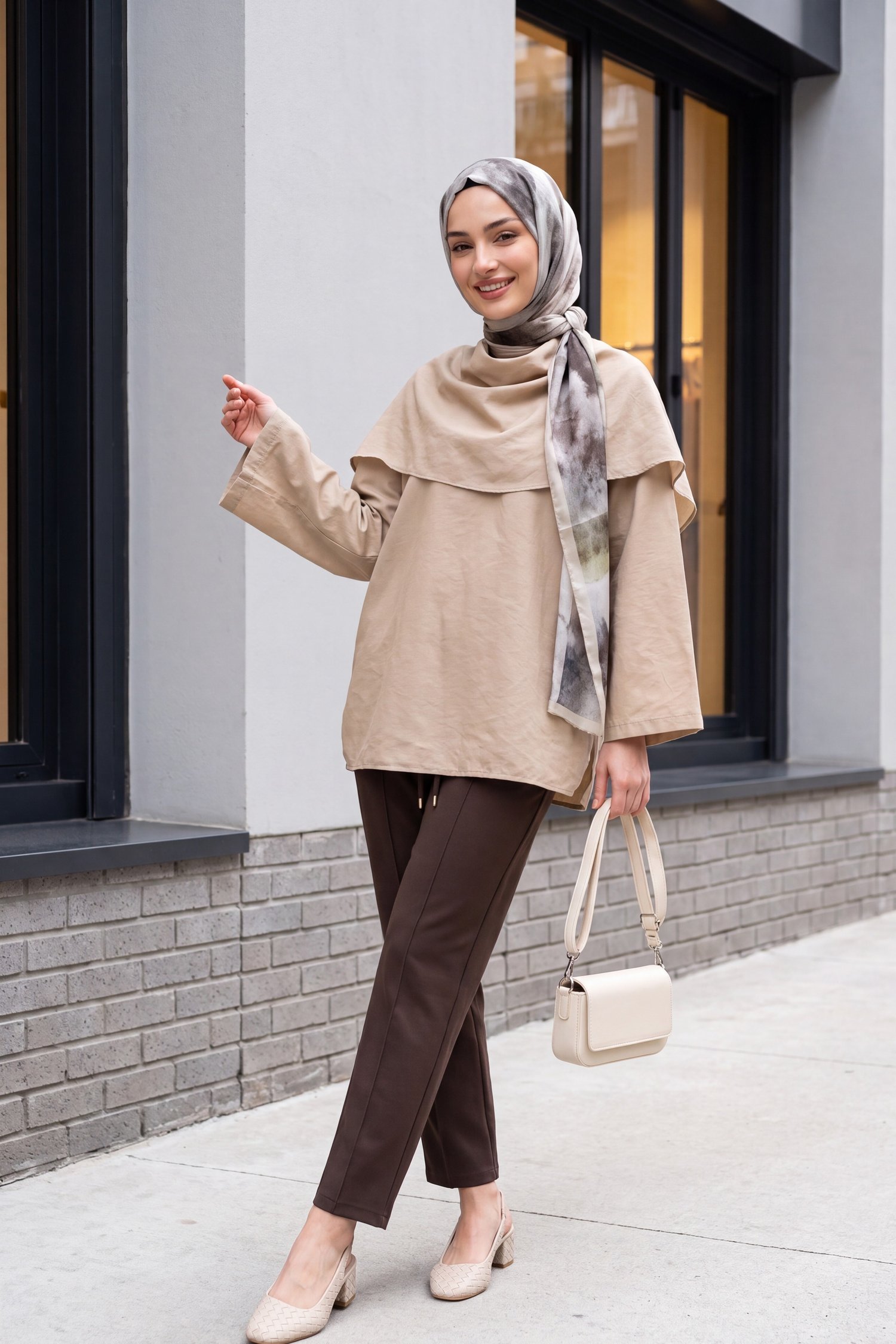 Çıkarılabilir Pelerinli Oversize Modal Tunik  -Vizon