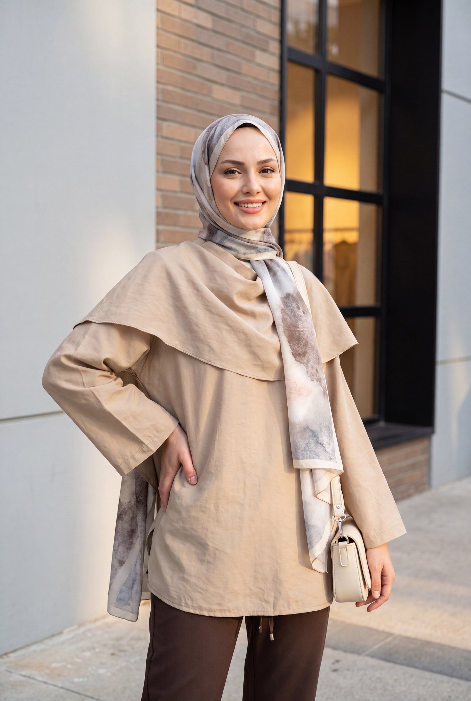 Çıkarılabilir Pelerinli Oversize Modal Tunik  -Vizon
