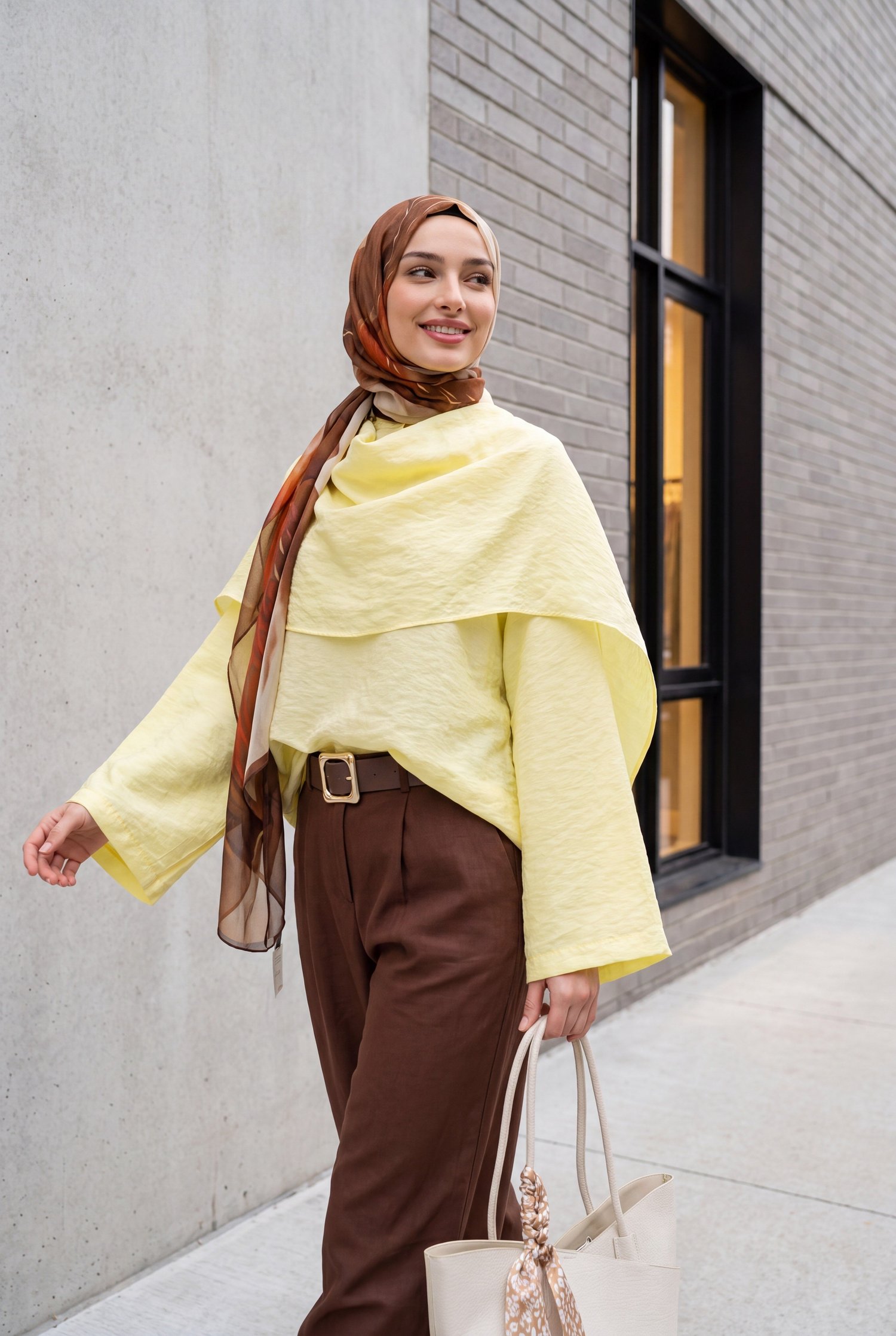 Çıkarılabilir Pelerinli Oversize Modal Tunik  -Sarı