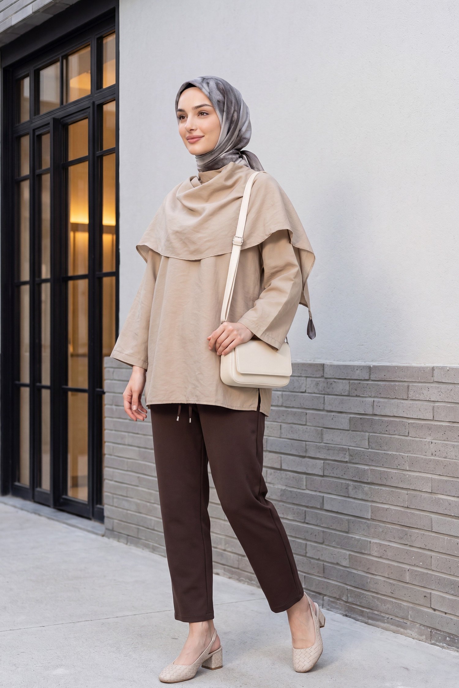Çıkarılabilir Pelerinli Oversize Modal Tunik  -Vizon
