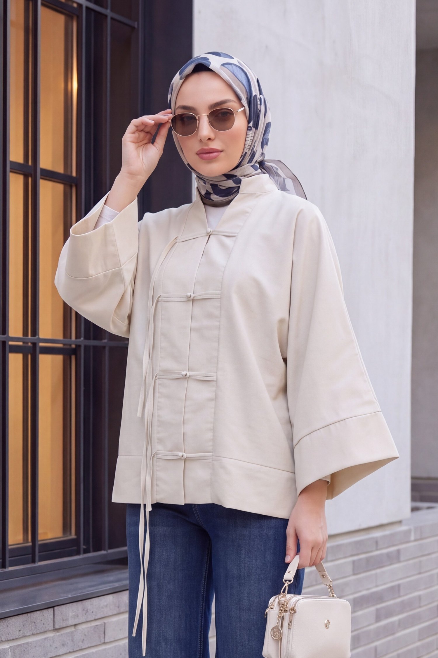 Çin Düğümü Kapamalı Hakim Yaka Paraşüt Kimono -Taş rengi