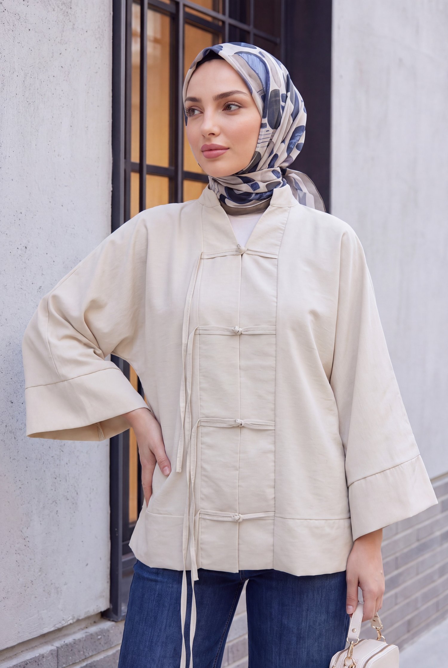 Çin Düğümü Kapamalı Hakim Yaka Paraşüt Kimono -Taş rengi