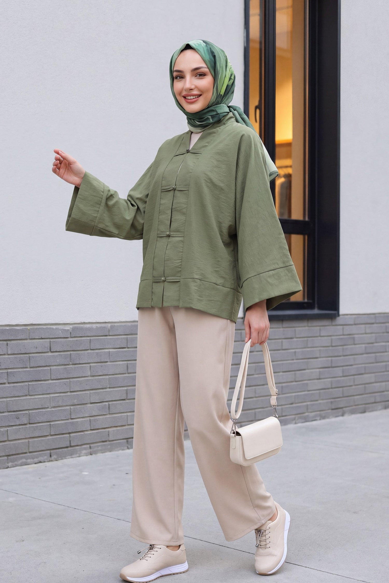Çin Düğümü Kapamalı Hakim Yaka Paraşüt Kimono -Haki