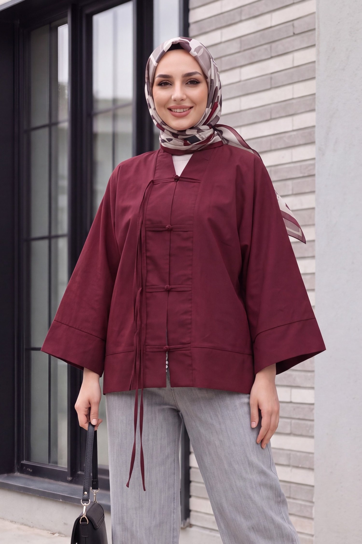 Çin Düğümü Kapamalı Hakim Yaka Paraşüt Kimono -Mürdüm