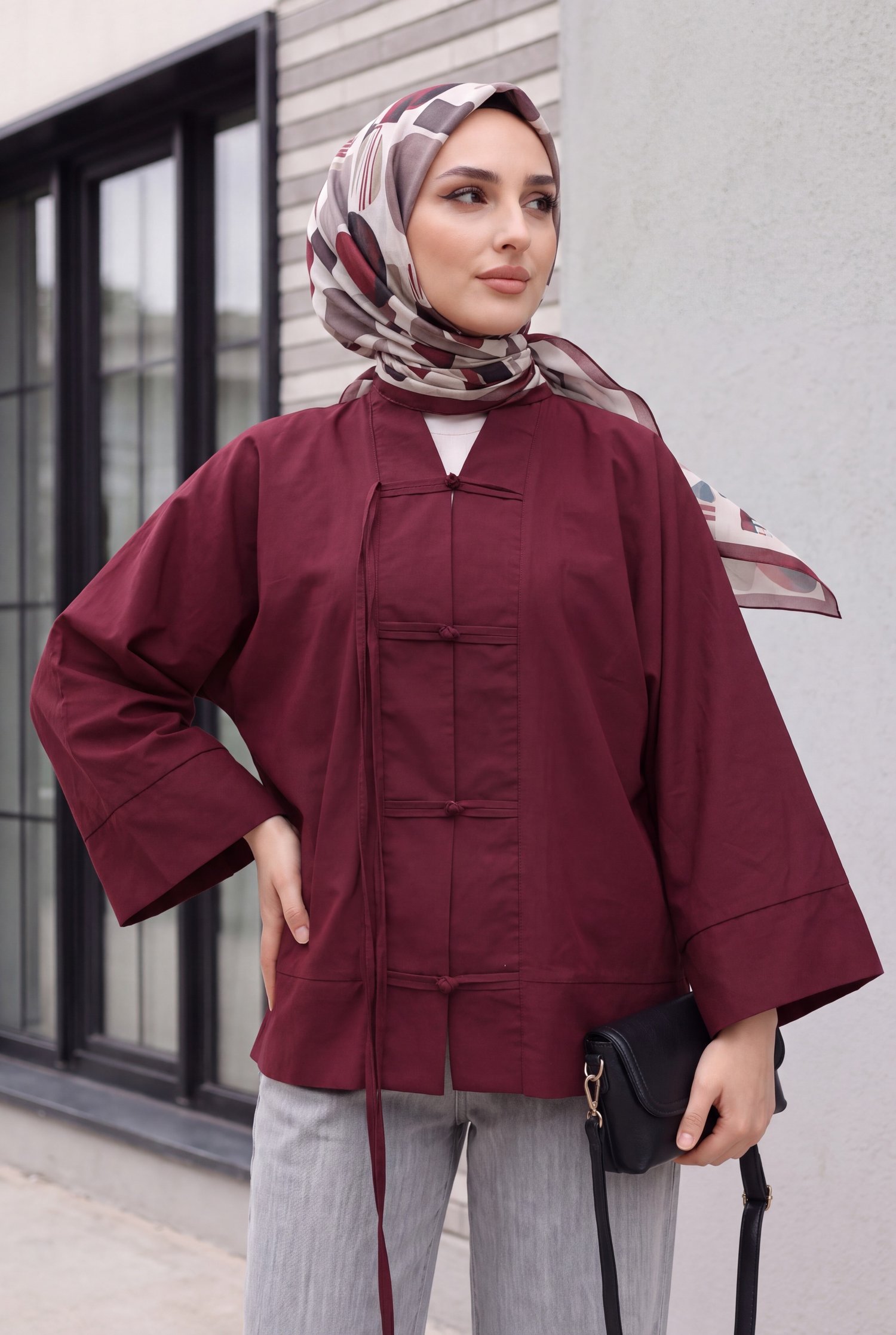 Çin Düğümü Kapamalı Hakim Yaka Paraşüt Kimono -Mürdüm