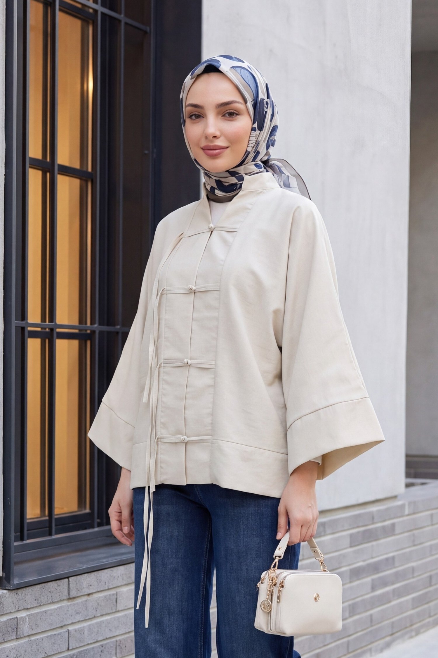 Çin Düğümü Kapamalı Hakim Yaka Paraşüt Kimono -Taş rengi