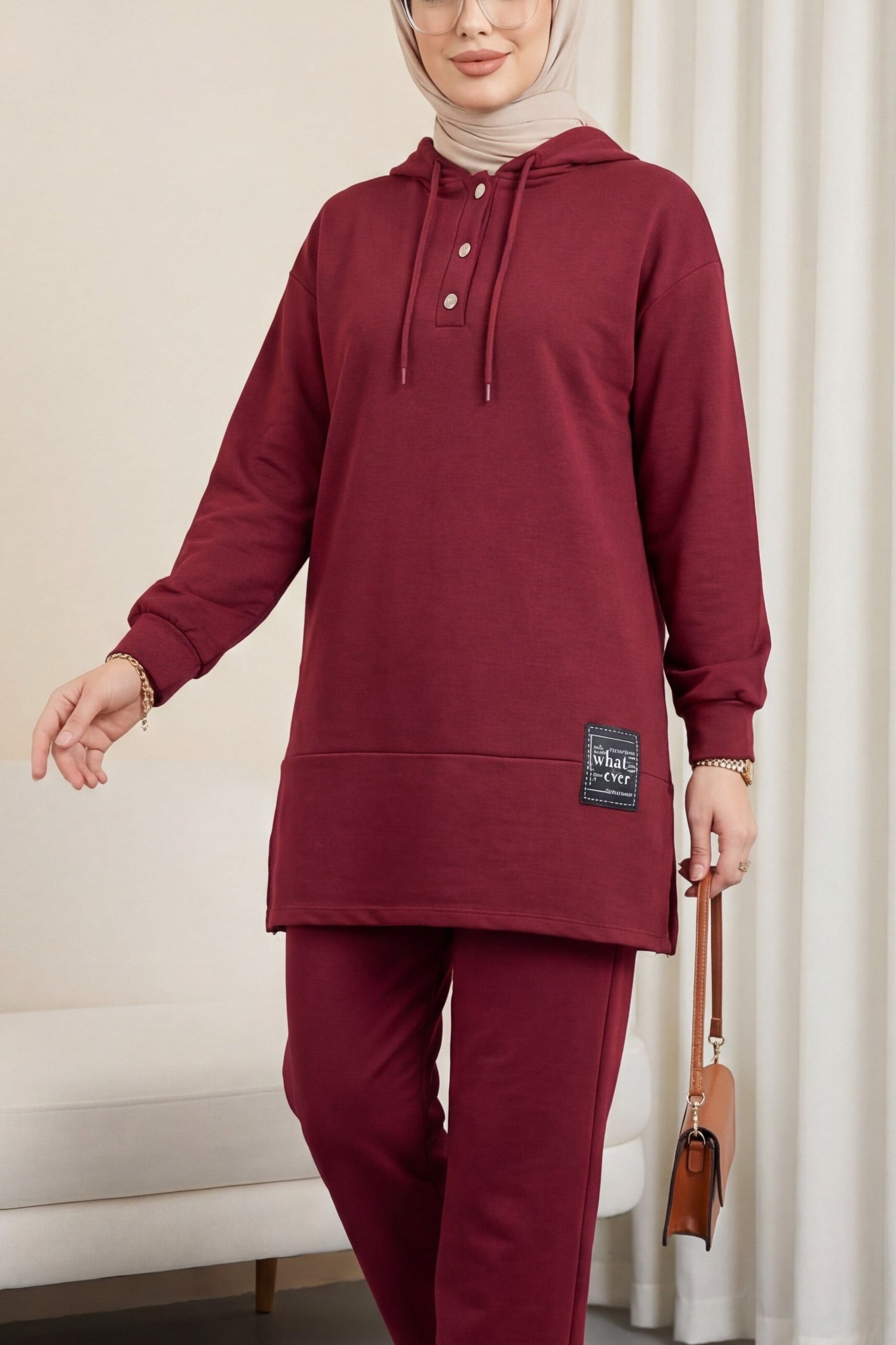 Çıtçıtlı  Arma Detaylı İkili Penye Takım  -Bordo