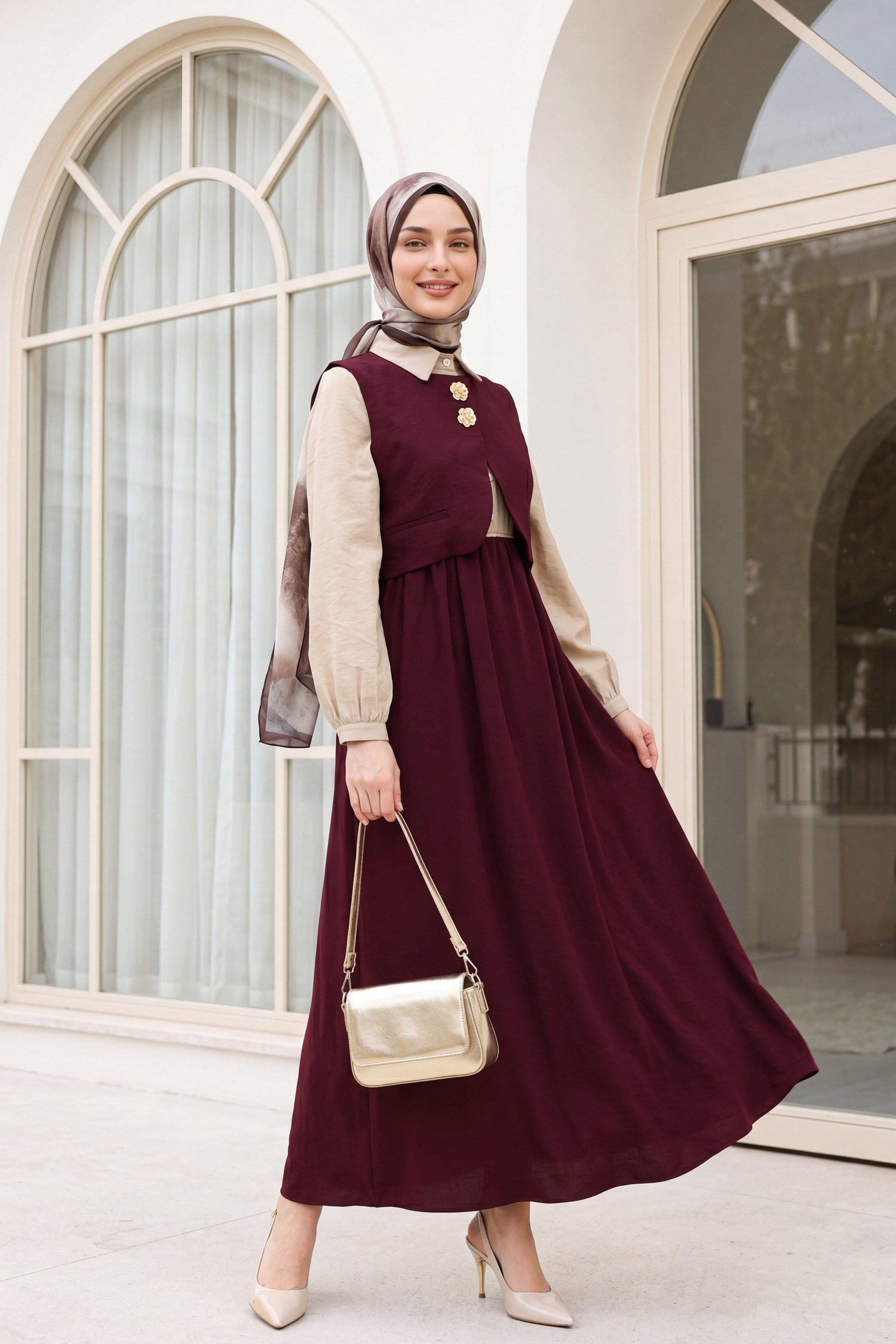 Çıtçıtlı Mini Yelekli Beli Lastikli Yarım Düğmeli Uzun Modal Elbise -Mürdüm