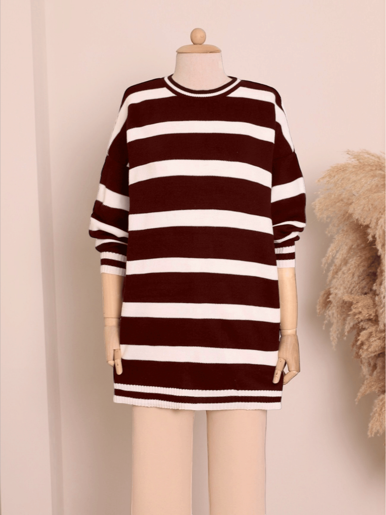 Çizgili Kışlık Tesettür Triko Tunik   -Bordo