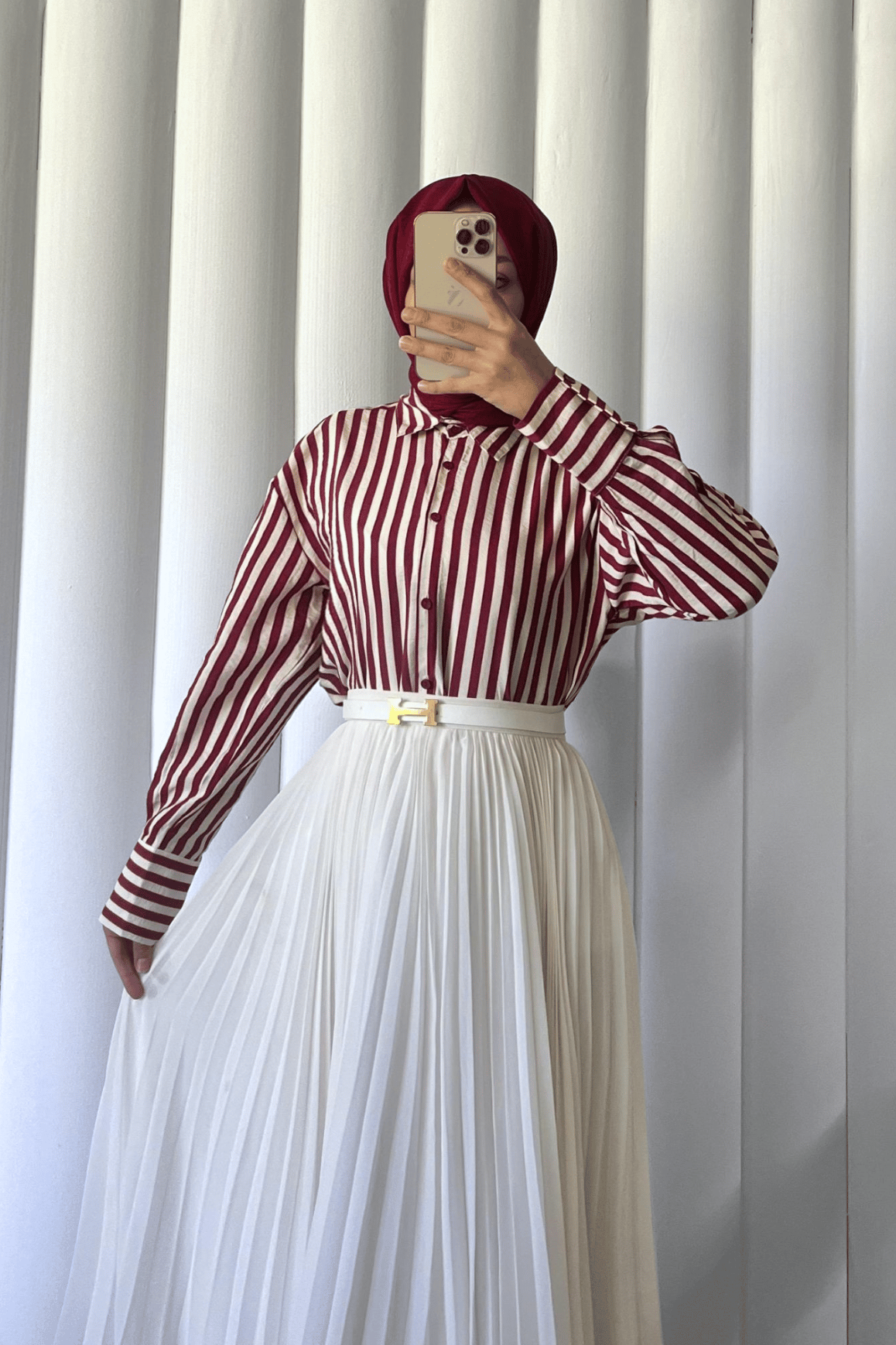 Çizgili Oversize Düğmeli Gömlek -Bordo