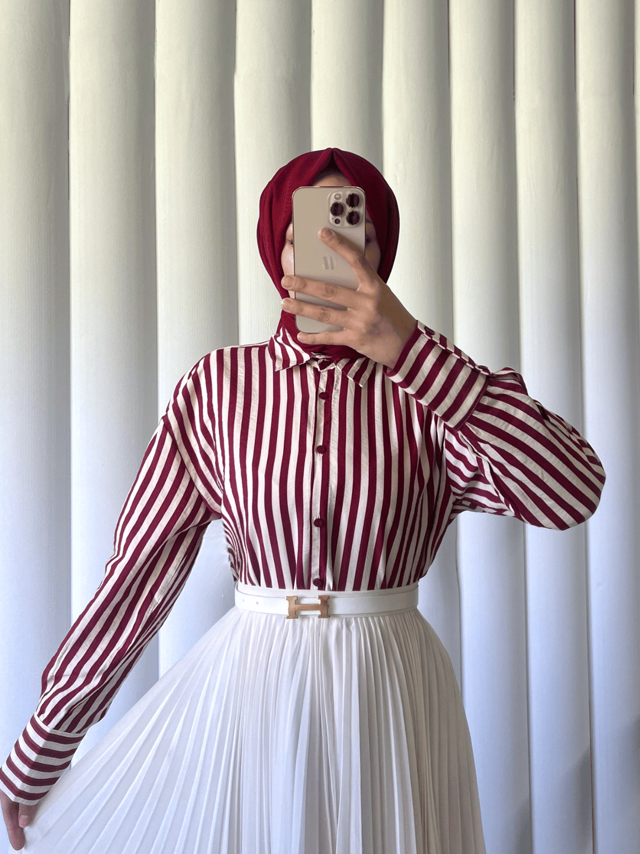 Çizgili Oversize Düğmeli Gömlek -Bordo