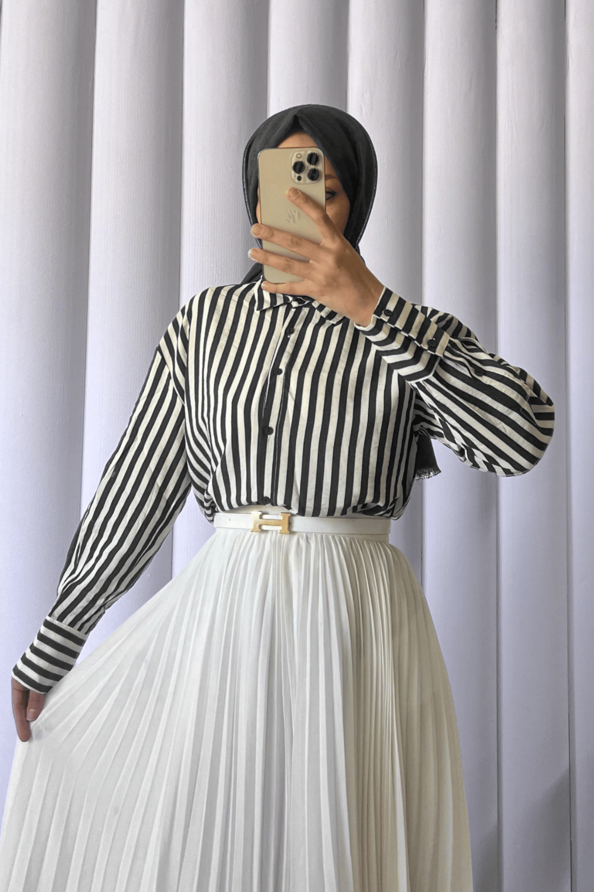 Çizgili Oversize Düğmeli Gömlek -Siyah